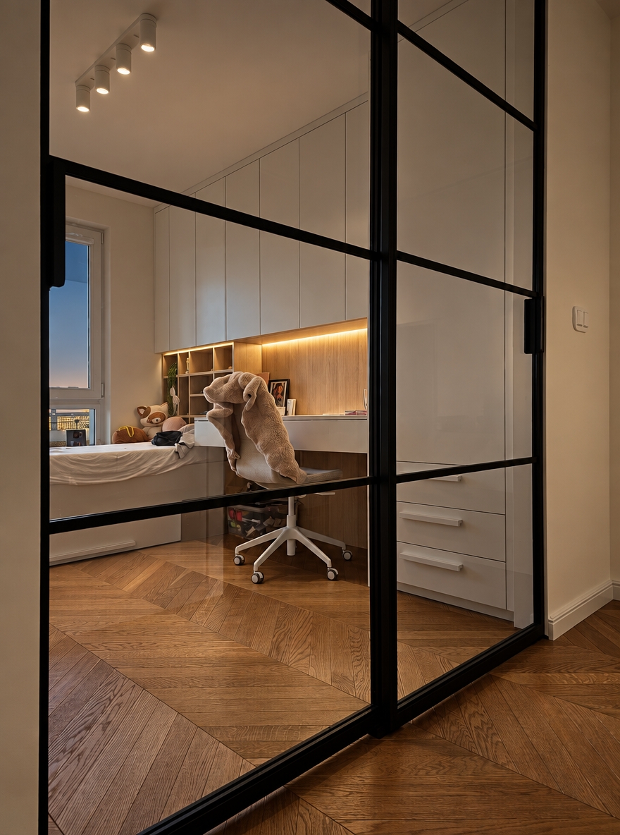 An incredibly lifelike, richly detailed, ultra-photorealistic high-end interior architectural photograph with extraordinary physical realism, natural material definition, realistic light behavior, authentic photographic depth, subtle imperfections and exceptional photographic credibility. The image must look indistinguishable from a real luxury interior photograph captured with a professional full-frame camera, with beautifully controlled tonal depth, realistic reflections, tactile surfaces, natural shadows and sophisticated dark-luxury atmosphere.