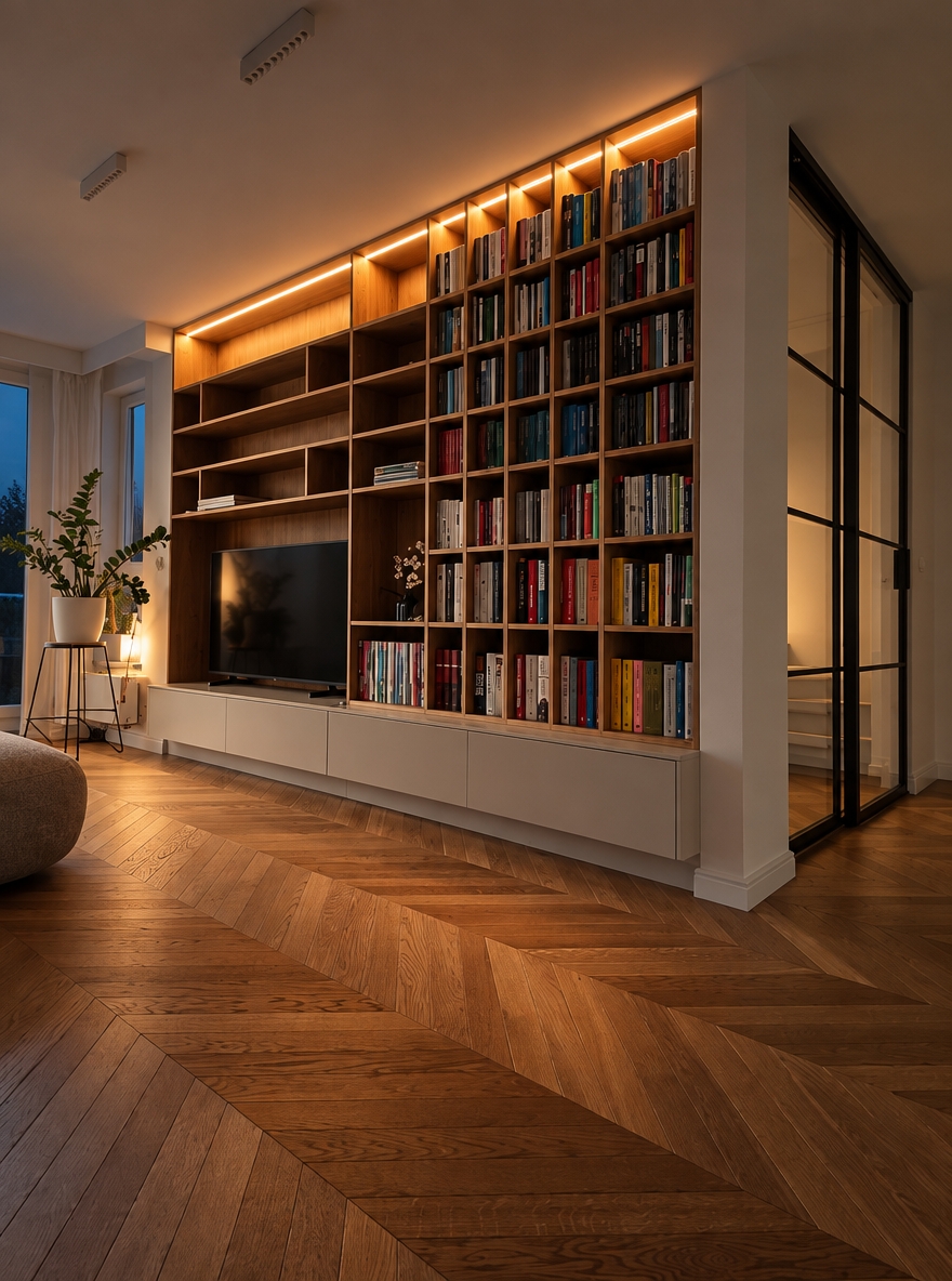 An incredibly lifelike, richly detailed, ultra-photorealistic high-end interior architectural photograph with extraordinary physical realism, natural material definition, realistic light behavior, authentic photographic depth, subtle imperfections and exceptional photographic credibility. The image must look indistinguishable from a real luxury interior photograph captured with a professional full-frame camera, with beautifully controlled tonal depth, realistic reflections, tactile surfaces, natural shadows and sophisticated dark-luxury atmosphere.