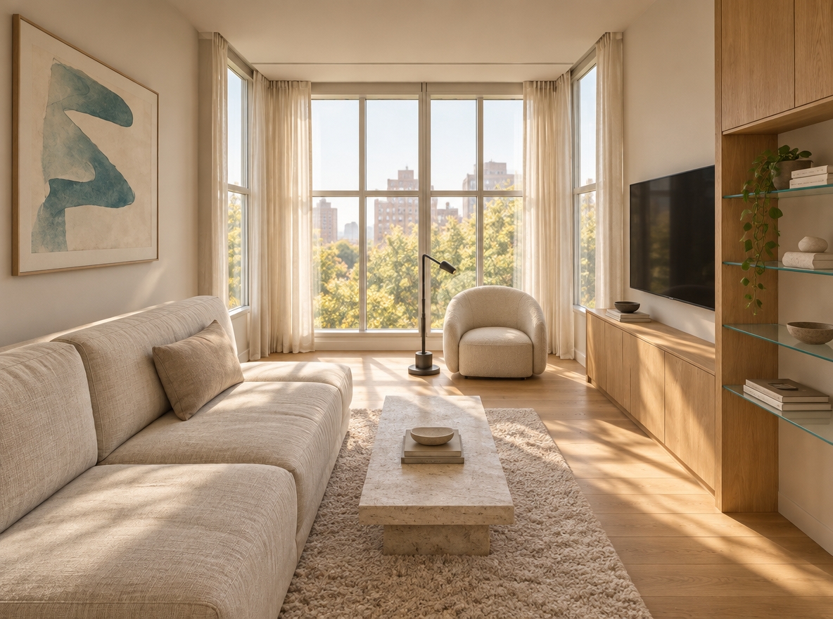 A realistic interior photograph capturing the exact scene bathed in warm midday sunlight pouring through the large bay windows, casting soft ambient shadows. The flooring is finished in a warm, matte tone matching the neutral walls, seamlessly grounding the space. The central rectangular coffee table is crafted from textured beige travertine, resting upon a plush, deep-pile soft rug. The linen upholstery of the sofa and rounded accent chair, the sleek wooden built-ins with glass shelving, the minimalist floor lamp, wall-mounted screen, and framed artwork retain their exact geometry and placement, photographed straight-on with a wide architectural lens emphasizing natural surface micro-textures and gentle, balanced daylight.