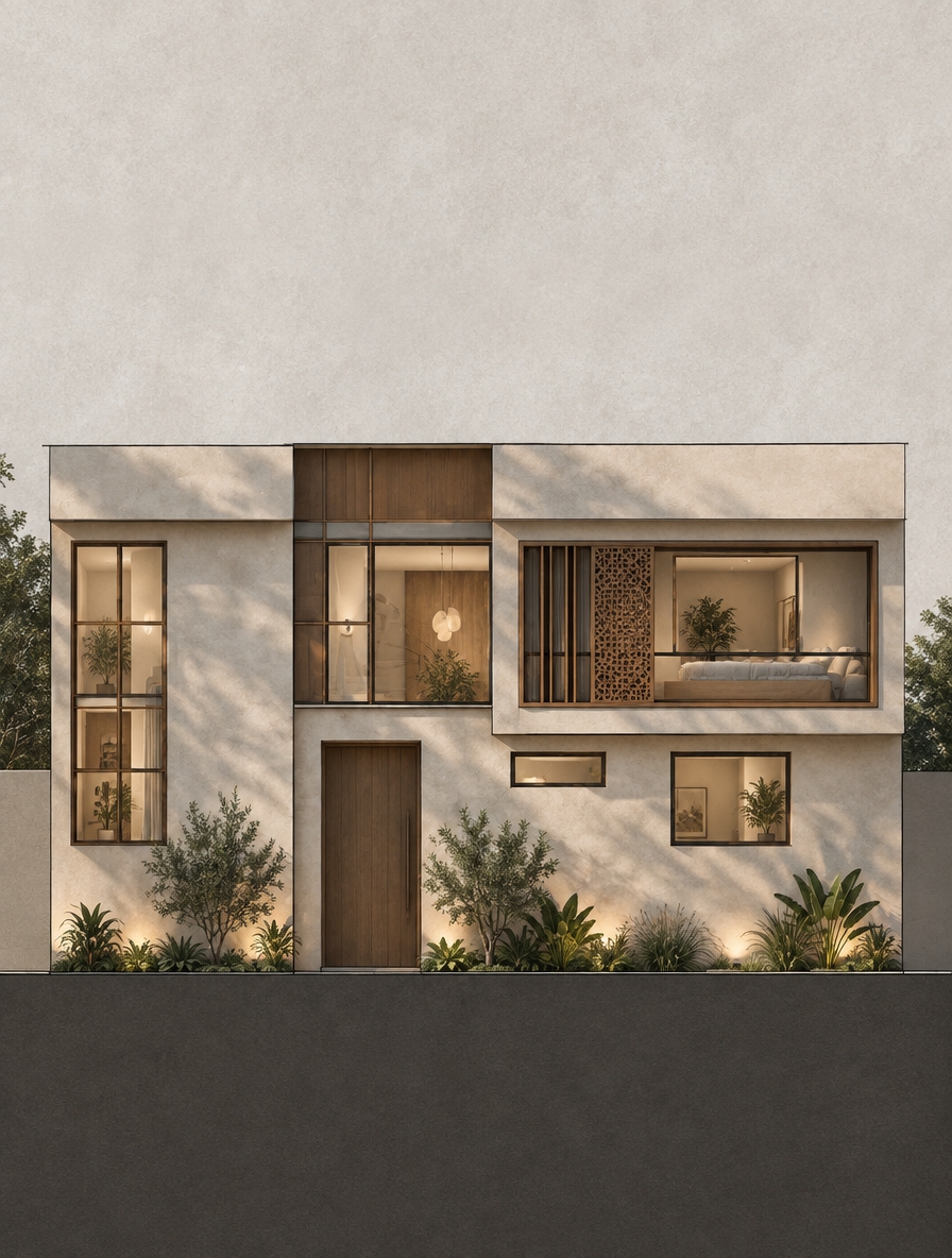 The photo captures a detailed digital architectural elevation or section, presented on a computer screen within the Autodesk AutoCAD 2022 software interface. The central focus is a rectilinear architectural drawing rendered in sharp white and vibrant orange lines against a dark, charcoal-grey workspace background, giving the immediate impression of a modern, functional design.
The implied architectural style leans towards contemporary or minimalist, characterized by a disciplined use of geometric forms and an emphasis on clean lines. On the far left, the drawing showcases a tall, narrow vertical element segmented into multiple square panes, suggesting a multi-light window or a series of stacked individual windows. Moving right, the upper section of the drawing features a grid of smaller, uniformly sized rectangular divisions, which could represent either a large, multi-paned window wall or an intricate internal partition system. A prominent and distinctive feature is located towards the center-right: a tall, slender rectangular section highlighted in a luminous yellow, filled with numerous close-set vertical lines. This could signify a dynamic element such as a vertical louvre system, a textured screen, or an artfully designed window treatment. Below this feature, a long, narrow horizontal opening suggests a strip window, providing a visual counterpoint. The rightmost portion of the structure includes a broader upper window area, divided into several larger rectangular panes, thoughtfully balanced by a wider, squat rectangular opening below, potentially serving as another window or a main entryway. The implied ground plane is subtly marked by a thin white horizontal line at the base of the drawn structure.
While the image depicts a drawing rather than a physical building, the precise, unadorned nature of the lines implies an architectural language favoring materials like glass, steel, or smooth concrete, with clean, flush surfaces and crisp detailing. The distinct yellow highlight suggests a contrasting material or a focal design element. As a digital rendering, there is no natural lighting or weather; however, the bright white and orange lines contrast sharply with the dark background, creating a clear and legible representation, underscored by the subtle pixelation and minor dust particles visible on the screen, adding a layer of immediate digital realism to the photograph itself. The overall composition centers the architectural drawing, while the upper and lower portions reveal the AutoCAD 2022 ribbon with various design tools like "Dimension," "Layers," and "Block," and the "Type a command" prompt at the bottom, unequivocally contextualizing the scene as an architectural design in progress. The building's proportions exhibit a robust, contemporary feel, with a balanced yet asymmetrical arrangement of openings that define distinct functional zones within the implied structure. The reference for this image is no auth/ae2644b0 b807 46ff 87ac f5481c381ac5.jpg.