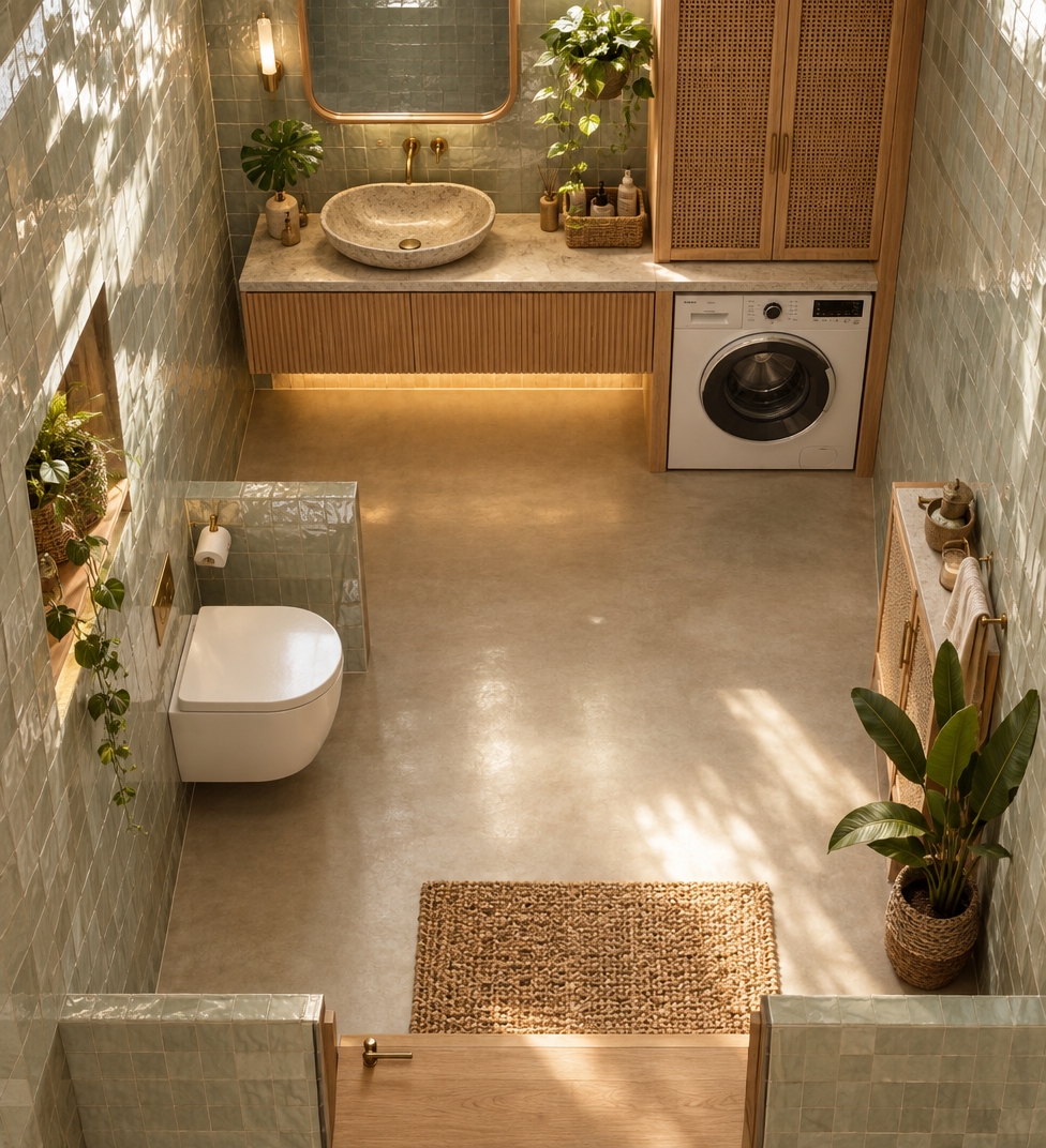 An incredibly lifelike, richly detailed, photorealistic wide-angle interior photograph of a compact modern bathroom set in a sun-drenched bohemian oasis residence. The scene is illuminated by bright summer midday light cascading from above and soft warm backlighting beneath the floating vanity, creating a serene, earthy atmosphere. Captured with a full-frame camera and a 16mm architectural wide-angle lens, emphasizing tactile zellige wall tiles, polished microcement floors, and fluted light-oak carpentry. Cleverly utilizing the bespoke layout, a sleek, modern front-loading washing machine is neatly integrated beneath custom rattan-front storage cabinets, while an elegant wall-hung porcelain toilet and an organic stone vessel sink with brushed brass fixtures effortlessly harmonize with lush trailing tropical greenery, maximizing every inch of space with relaxed, high-end sophistication.