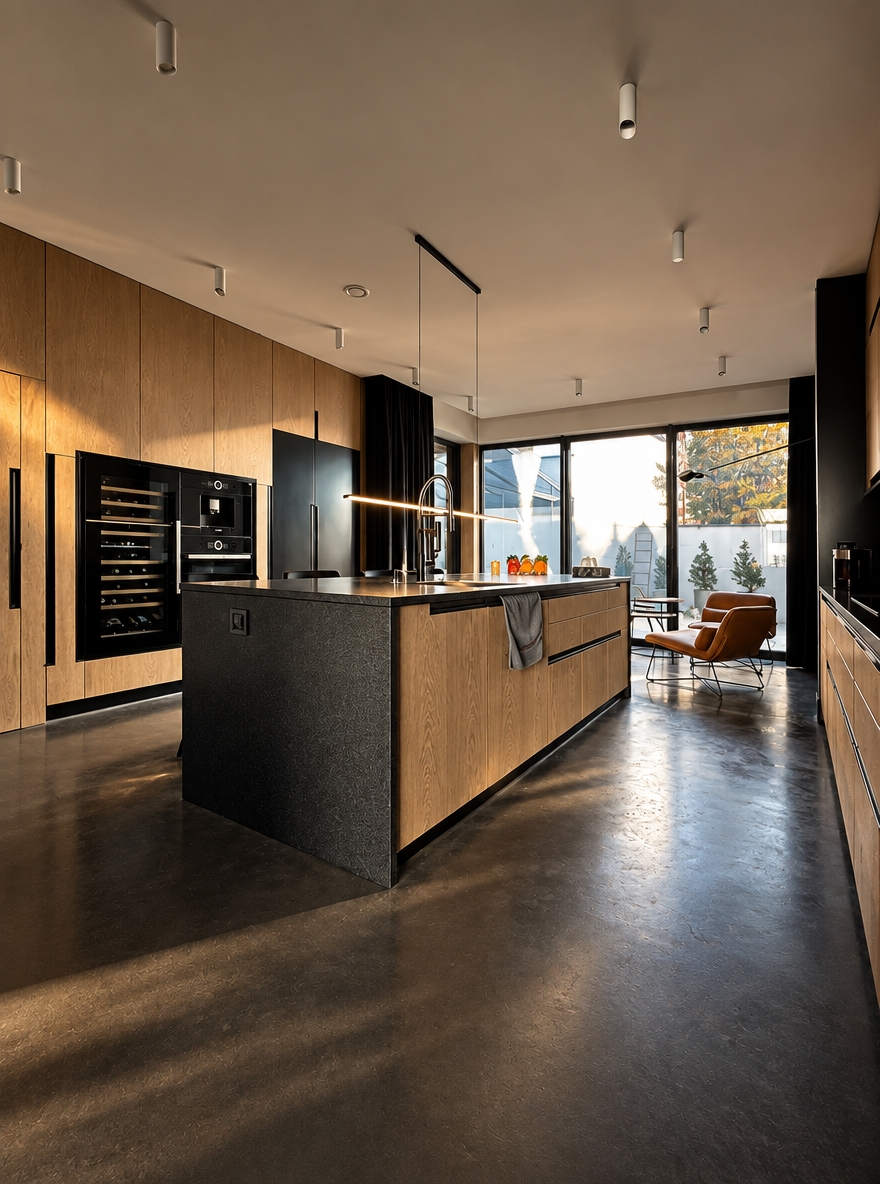 An incredibly lifelike, richly detailed, ultra-photorealistic high-end interior architectural photograph with extraordinary physical realism, natural material definition, realistic light behavior, authentic photographic depth, subtle imperfections and exceptional photographic credibility. The image must look indistinguishable from a real luxury interior photograph captured with a professional full-frame camera, with beautifully controlled tonal depth, realistic reflections, tactile surfaces, natural shadows and sophisticated dark-luxury atmosphere.