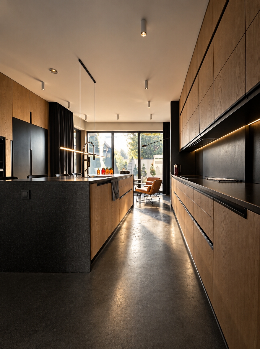 An incredibly lifelike, richly detailed, ultra-photorealistic high-end interior architectural photograph with extraordinary physical realism, natural material definition, realistic light behavior, authentic photographic depth, subtle imperfections and exceptional photographic credibility. The image must look indistinguishable from a real luxury interior photograph captured with a professional full-frame camera, with beautifully controlled tonal depth, realistic reflections, tactile surfaces, natural shadows and sophisticated dark-luxury atmosphere.