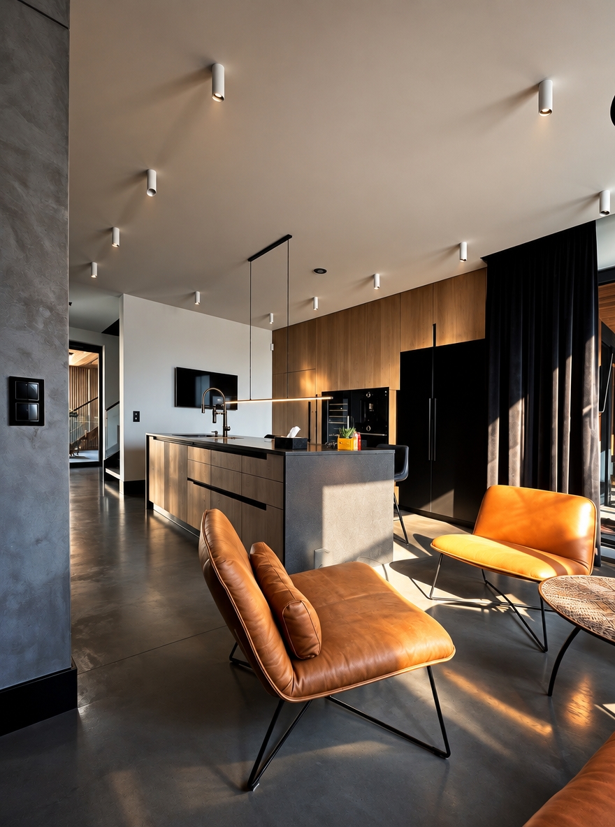 An incredibly lifelike, richly detailed, ultra-photorealistic high-end interior architectural photograph with extraordinary physical realism, natural material definition, realistic light behavior, authentic photographic depth, subtle imperfections and exceptional photographic credibility. The image must look indistinguishable from a real luxury interior photograph captured with a professional full-frame camera, with beautifully controlled tonal depth, realistic reflections, tactile surfaces, natural shadows and sophisticated dark-luxury atmosphere.