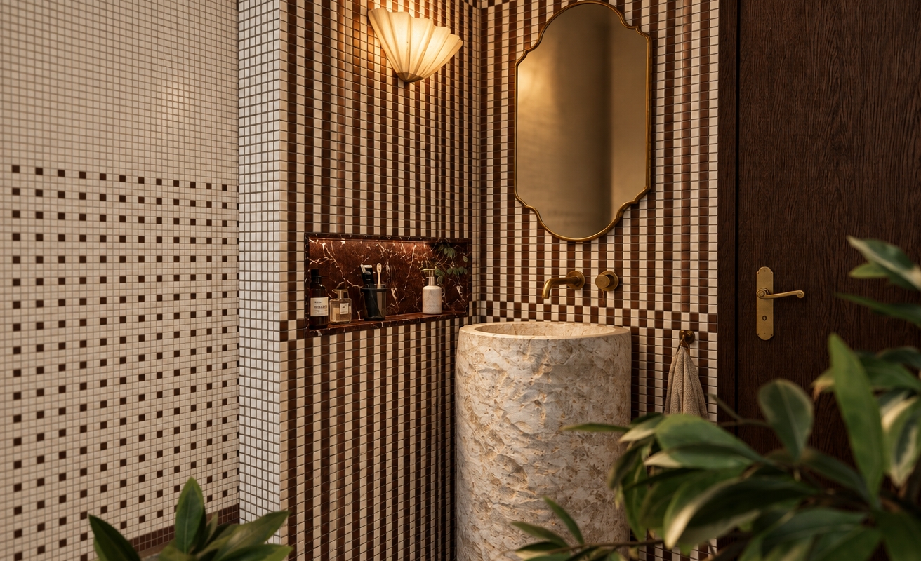 A crisp photograph of this bathroom corner, preserving exact layout and geometry under the soft, warm ambient glow emitted by the fluted wall sconce. The cylindrical standing sink reveals a raw, chiseled natural stone texture with subtle mineral veining and porous depth. Light reflects softly across the glossy grid of brown-and-white mosaic tiles and the polished dark red marble niche, contrasting with the brushed brass faucet and mirror frame. The dark wood door showcases delicate grain, while foreground foliage introduces a gentle shallow depth of field, balanced by natural micro-textures, faint film grain, and realistic interior shadow play.