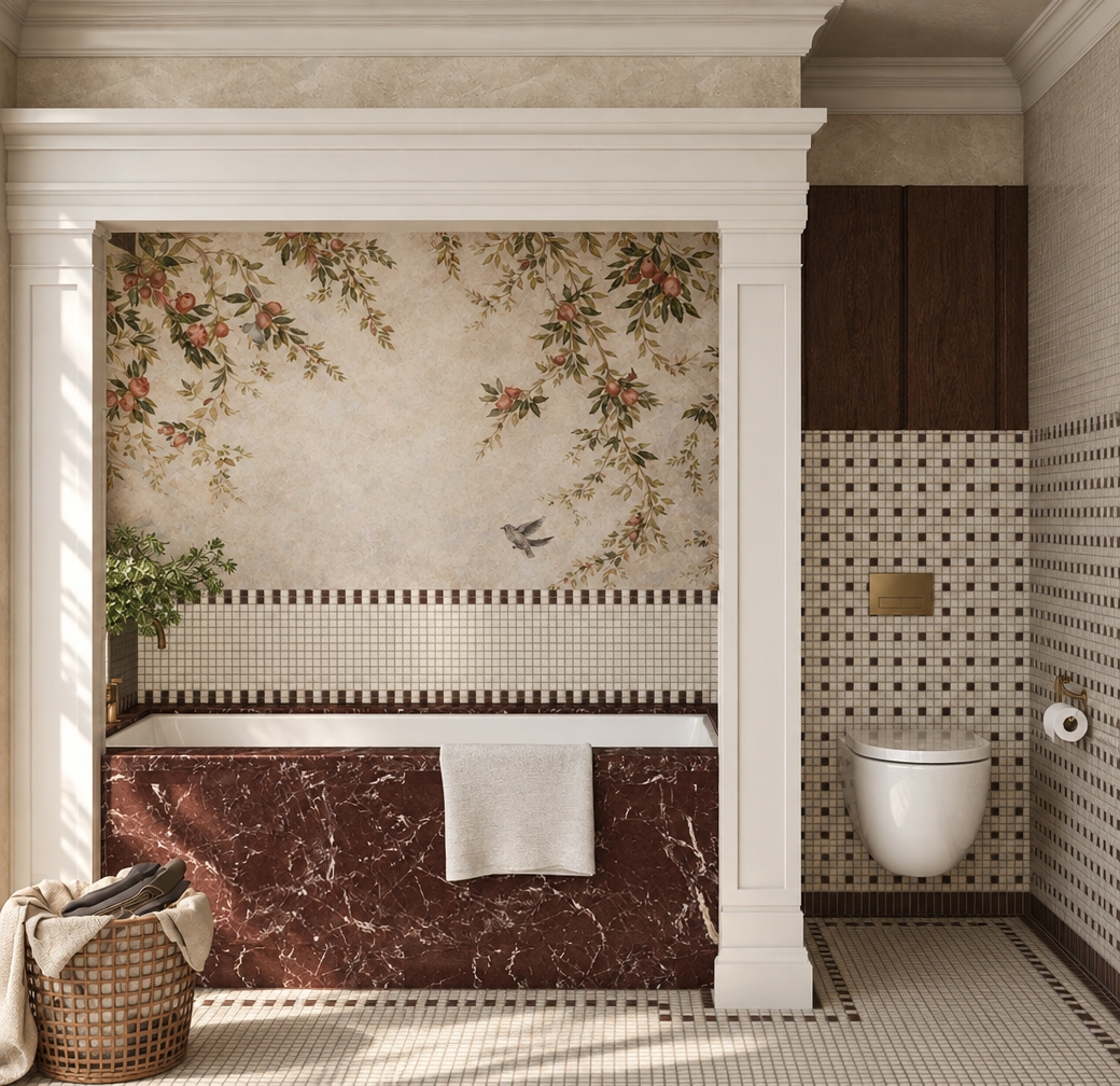 Architectural photograph of the bathroom with soft natural daylight streaming from the left, casting gentle directional shadows and realistic light falloff toward the right. The deep burgundy marble bathtub front displays natural polished specular reflections and authentic veining, while the botanical fresco wallpaper, mosaic tilework, and white painted architectural moldings show realistic micro-textures and tactile finishes. Shot straight-on with an architectural tilt-shift lens, the composition strictly preserves every existing material and structure, featuring accurate ambient occlusion, balanced exposure, clean white balance, and subtle film grain for genuine photorealism.