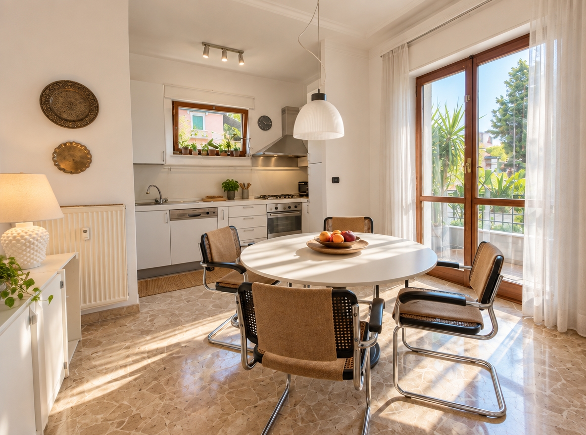 A bright, daylight-flooded interior photograph maintaining the exact composition, perspective, and furniture arrangement. Abundant natural morning light streams through the glass terrace door and kitchen window, filling the space with soft, luminous ambient light. The round dining table has a clean, smooth matte white surface, while the floor is finished in a warm, polished hazelnut-toned stone with subtle reflections and veining. Surfaces exhibit authentic micro-textures, from the woven chair backings to the white cabinetry and pendant lamp. Shot on a wide-angle lens with high dynamic range, crisp clarity, balanced natural shadows, and delicate photographic grain.