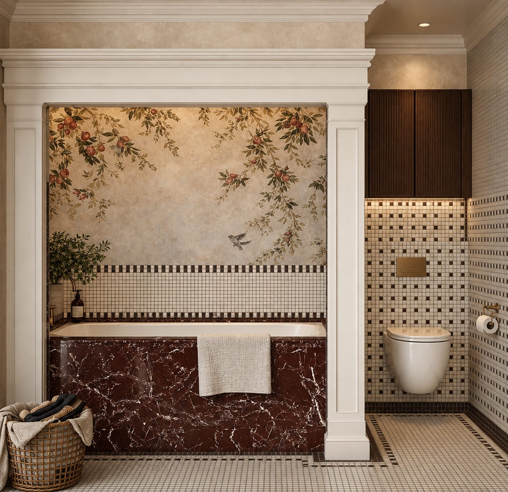 A straight-on architectural interior photograph capturing the exact scene with realistic materials, depth, and soft ambient lighting. Gentle, warm indoor light creates subtle contact shadows beneath the ornate white architectural moldings and across the recessed alcoves. The dark burgundy marble bathtub front displays natural polished reflections and organic white veining, set against the delicate matte texture of the botanical fresco wall and crisp, fine ceramic mosaic tiles. In the adjoining alcove, the fluted dark wood cabinetry features realistic satin sheen, complemented by subtle highlights on the brushed brass fixtures and porcelain toilet. Captured with a professional tilt-shift lens, the image exhibits sharp architectural verticals, authentic surface textures, mild natural falloff, and realistic photographic depth while preserving the exact original layout and geometry.