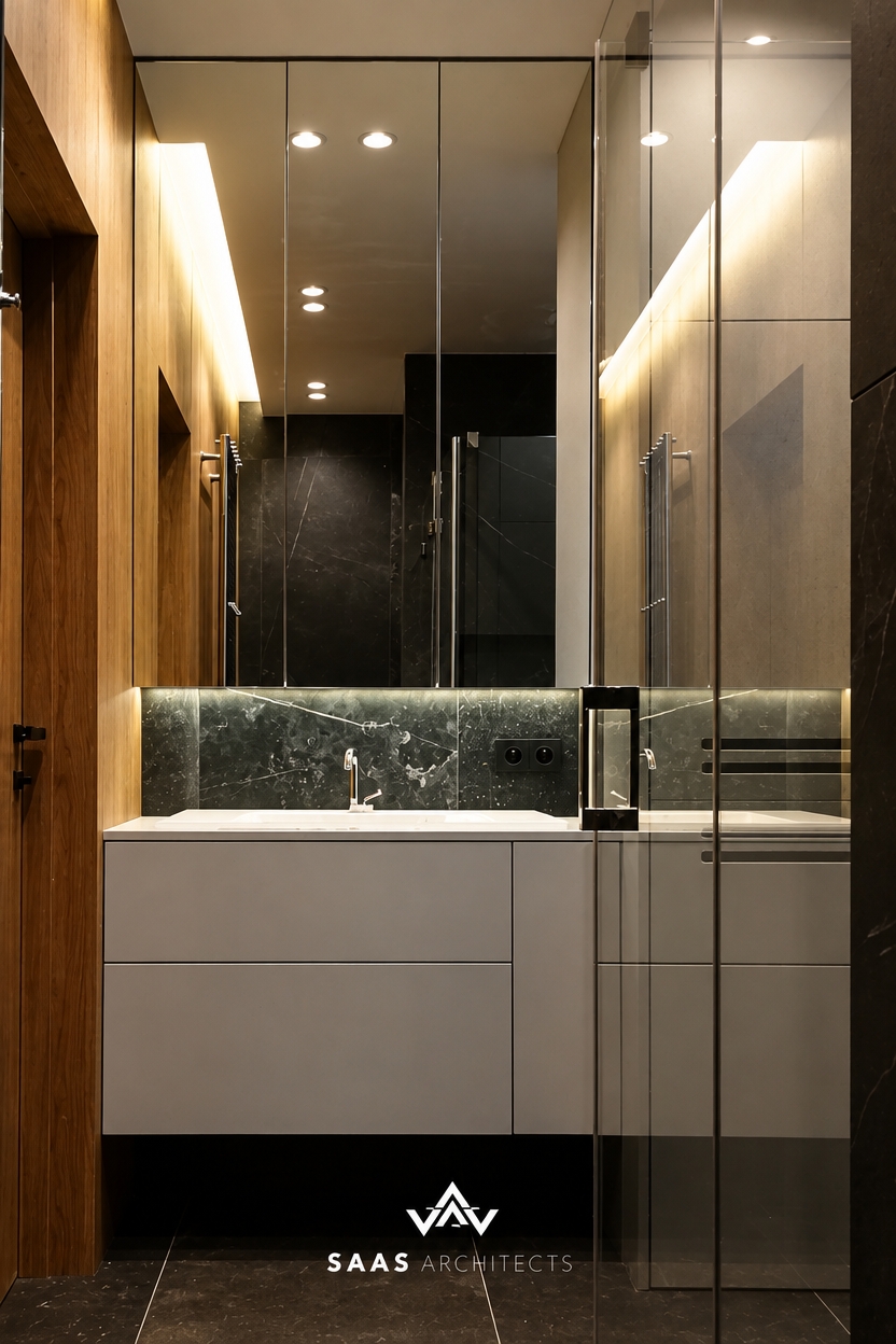 An incredibly lifelike, richly detailed, ultra-photorealistic high-end interior architectural photograph with extraordinary physical realism, natural material definition, realistic light behavior, authentic photographic depth, subtle imperfections and exceptional photographic credibility. The image must look indistinguishable from a real luxury interior photograph captured with a professional full-frame camera, with beautifully controlled tonal depth, realistic reflections, tactile surfaces, natural shadows and sophisticated dark-luxury atmosphere.