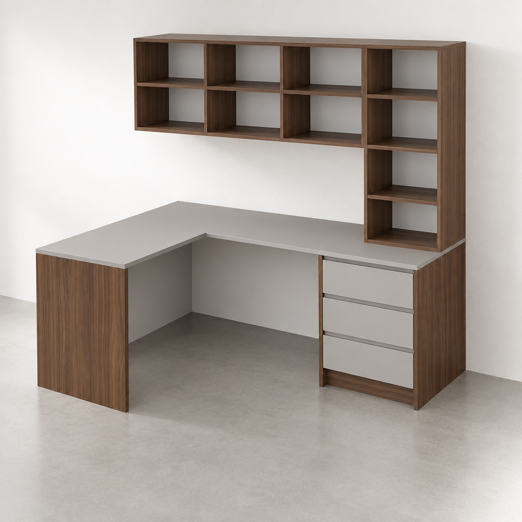 es un escritorio en L, con acabados en gris claro para la mesa y la tapa de los cajones y nogueira tar, un acabado limpio y minimalista, renderizado tipo realista y los cajones tienen acabado de jaladores ranurados