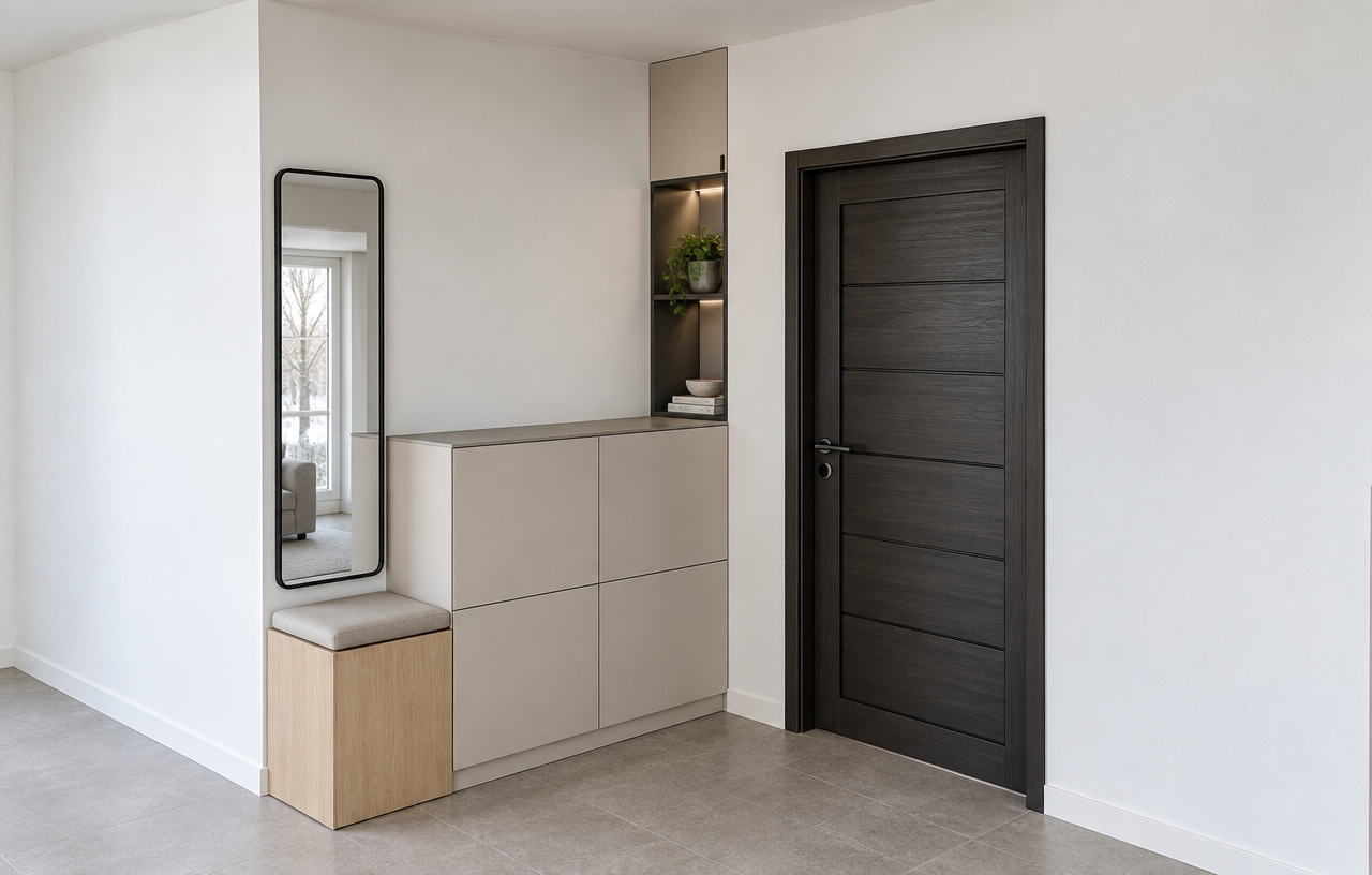 A crisp architectural photograph capturing the exact scene and layout in cold, bright midday winter daylight. Diffuse, cool natural light illuminates the space with soft, subtle shadows, highlighting realistic surface textures without harsh glare. The dark paneled door displays realistic fine wood grain and a satin sheen on the hardware, while the modular cabinetry shows clean, matte greige panels paired with the natural grain of the light oak bench and tactile fabric cushion. The tall rounded mirror captures sharp ambient reflections against the smooth matte white walls and neutral flooring, photographed with balanced exposure, natural depth, and subtle lens fidelity.