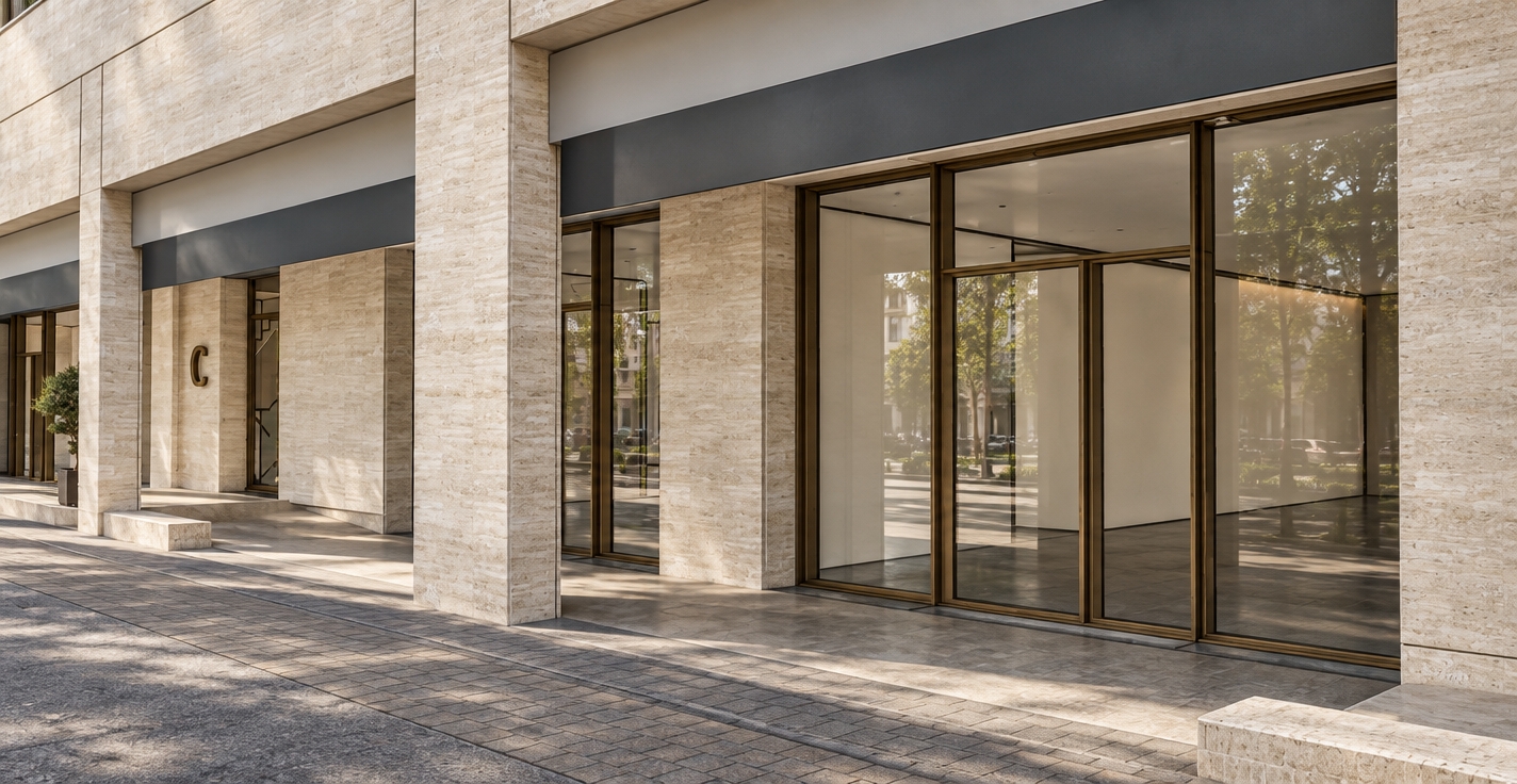 A crisp architectural photograph capturing the building facade with exact preservation of the layout, geometry, and perspective. The exterior features natural honed beige travertine stone with delicate veining on the structural pillars and walls, complemented by bronze-finished aluminum frames holding clean, reflective architectural glass. Diffused daylight casts realistic, soft-edged shadows beneath the overhangs and along the textured pavement in the foreground. Captured with a distortion-free wide-angle architectural lens, the image emphasizes authentic surface micro-textures, clean reflections, and balanced natural lighting.