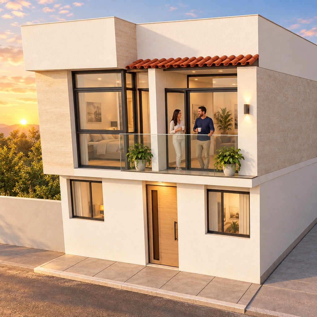 utilizar colores claros y textura que combine con el tejado , considerar una baranda de vidrio en la terraza, utilizar luz de amanecer y poner personas,