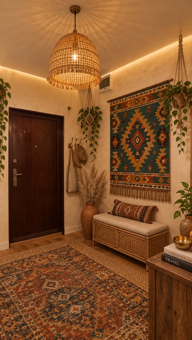 An incredibly lifelike, richly detailed, photorealistic wide-angle interior shot of a welcoming bohemian oasis mudroom set in an eclectic modern apartment. The scene is illuminated by the soft, warm ambient glow of a fringed woven rattan pendant light and gentle hidden accent uplighting, creating an inviting, tranquil, and free-spirited atmosphere. Captured with a full-frame camera paired with a 24mm wide-angle lens, emphasizing the rich interplay of tactile fibers, organic foliage, and handcrafted textures. The once-stark entryway is transformed with soft, warm neutral plaster walls adorned with a large, intricately woven textile tapestry showcasing vibrant geometric motifs in deep teal, warm rust, and mustard yellow. Adjacent to the refinished dark mahogany door, a set of antiqued brass coat hooks holds brimmed woven hats and a textured linen tote, while a stylish rattan storage bench with a cozy linen cushion anchors the corner. Handcrafted macramé plant hangers suspend lush trailing pothos alongside tall terracotta urns filled with fluffy, natural pampas grass, thoughtfully disguising wall utilities with organic beauty. On a low vintage-collected wooden console, stacked glossy photography books rest beside hammered brass catchalls and artisanal ceramics, while the warm wood flooring is dressed in rich layered Moroccan and distressed kilim rugs over a braided jute runner, completing an effortlessly curated, globally inspired entryway full of soul and practical charm.