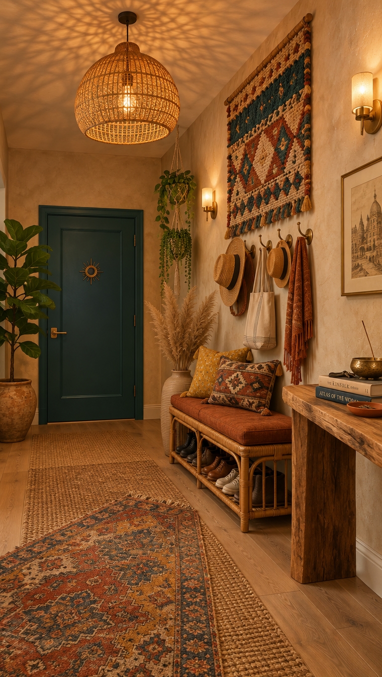 An incredibly lifelike, richly detailed, photorealistic wide-angle interior photograph of a transformed entryway mudroom set in a warm, bohemian residential sanctuary. The scene is illuminated by the soft, diffused amber glow filtering through a sculptural handwoven rattan pendant light and gentle warm wall sconces, creating an inviting, soulful, and deeply comforting atmosphere. Captured with a full-frame camera and a 24mm wide-angle lens, emphasizing tactile textile weaves, organic wood grains, patinated brass finishes, and lush botanicals.

### Design Style & Concept: The Bohemian Oasis Entryway
The stark, unfinished entry has been reimagined as a vibrant, globally inspired mudroom that marries practical entryway storage with an artistic, eclectic aesthetic. The sterile white walls have been replaced with a softly textured, sand-toned limewash plaster that catches the light with subtle depth, instantly grounding the space in natural warmth. 

### Furniture & Functional Composition
* **The Seating Nook:** Centered along the primary wall is a handcrafted cane and bent-rattan bench featuring open slatted shoe storage underneath. The bench is topped with a thick, tailored cushion upholstered in a deep rust-toned Belgian linen, layered with a curation of artisanal kilim and block-printed mustard throw pillows with playful tasseled corners.
* **Entry Console & Organization:** Adjacent to the bench sits a slender, live-edge reclaimed teak console table. Rested on top is a curated stack of hardcover travel and fine-art photography books, an unglazed terracotta dish for keys, and a hammered brass incense bowl. 
* **Coat & Hat Hanging:** Mounted at eye level on the main wall is a row of hand-forged antique brass hooks displaying an eclectic collection of wide-brimmed woven straw hats, a hand-dyed canvas tote, and a lightweight fringe scarf.

### Wall Art, Decor & Accents
* **Tapestry Wall Art:** Dominating the upper section of the feature wall is a grand, textured wall hanging—a fusion of chunky woven wool, macramé, and natural cotton rope in geometric tribal motifs, introducing deep teal, mustard, and burnt terracotta accents.
* **Concealed Elements:** The utilitarian electrical panel is discreetly masked by a hinged, shallow-framed vintage architectural print, preserving clean sightlines while keeping wiring code-accessible.
* **The Entry Door:** The once-generic dark door has been refinished in a velvety, matte deep teal hue, adorned with an antiqued brass lever handle and a vintage sunburst peep-hole ring that welcomes arriving guests with character.

### Flooring & Layered Textures
The floor is transformed with warm, wide-plank white oak flooring featuring a subtle wire-brushed finish. Bringing warmth and acoustic softness underfoot is an intentional layering of rugs: a broad, braided natural jute runner provides a durable base layer, overlaid at a casual angle with an authentic vintage Persian tribal kilim boasting faded saffron, indigo, and terracotta hues.

### Lighting & Botanicals
* **Illumination:** The single hanging bare bulb is upgraded to an oversized, organic-shaped woven bamboo and rattan lantern that casts intricate, dappled shadow patterns across the ceiling and plaster walls.
* **Greenery & Organic Life:** Tucked beside the door is a towering potted fiddle-leaf fig in a handcrafted raw clay planter, while cascading string-of-pearls and golden pothos spill gracefully from a macramé ceiling hanger in the corner. Flanking the bench, a fluted floor vase filled with tall, feathery pampas grass introduces airy height and tactile softness.

Every element in this redesigned space is balanced to provide maximum entry functionality while cultivating an eclectic, welcoming transition that feels curated, lived-in, and effortlessly chic.