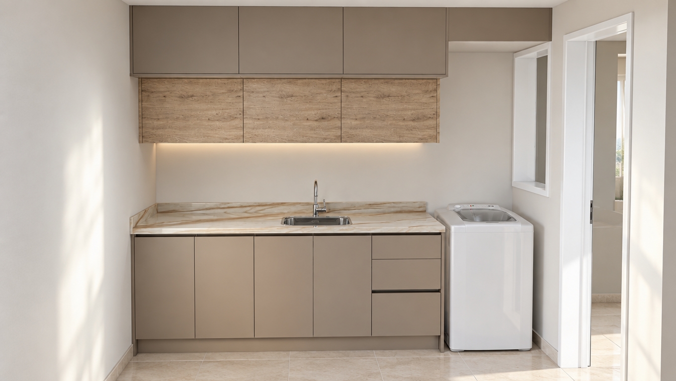 A clean architectural interior photograph capturing the identical scene with realistic materiality and soft, diffused natural daylight entering from the open doorway on the right. The cabinetry features authentic matte taupe laminate surfaces complemented by warm, tactile oak wood grain on the mid-level upper units. The polished stone countertop displays soft specular highlights and delicate warm veining, housing a brushed stainless steel sink with a reflective chrome faucet. The white washing machine exhibits authentic glossy surface reflections, set against matte off-white walls. Shot straight-on with an architectural lens, the image has balanced exposure, natural ambient occlusion under the cabinetry, clean white balance, and subtle film grain for full photorealism.
