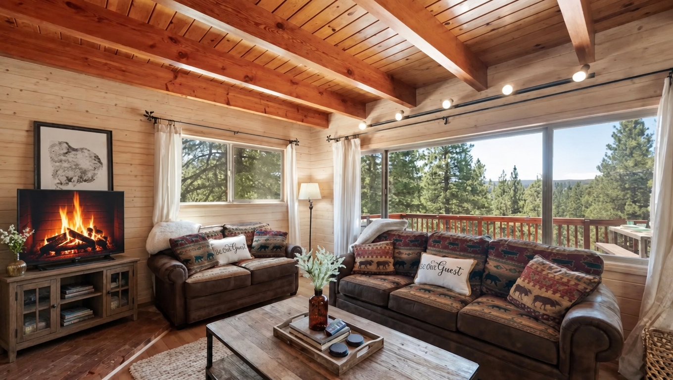 Retain the layout and structure. Replace the fireplace to a table with led tv showing fireplace.