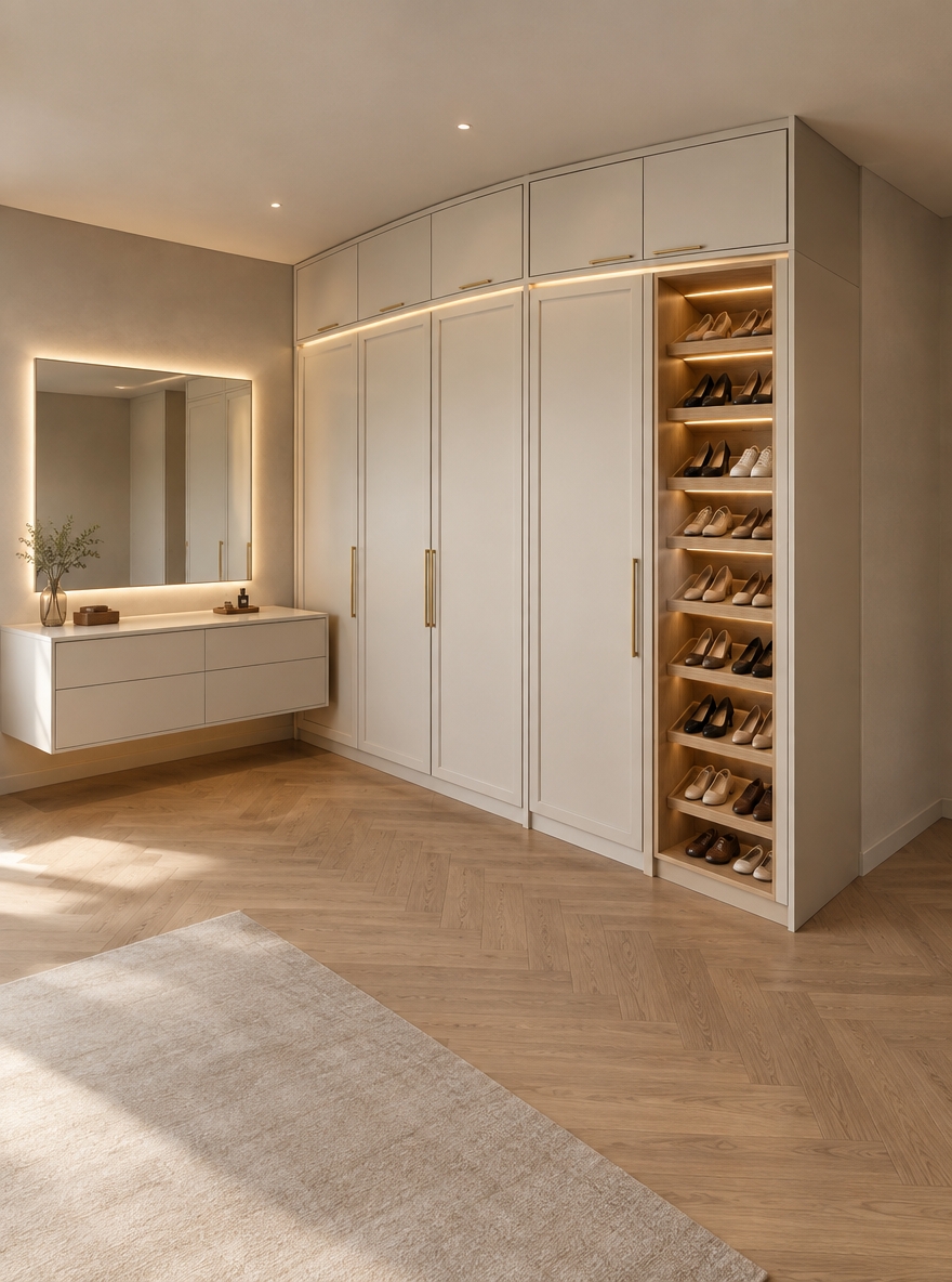 An incredibly lifelike, richly detailed, photorealistic wide-angle interior photograph of a custom built-in wardrobe suite set in a serene, minimalist walk-in closet haven. The scene is illuminated by soft, diffused natural daylight paired with warm 3000K recessed LED strip lighting tucked beneath the shelves, creating an inviting, tranquil, and sophisticated atmosphere. Captured with a full-frame camera and a 24mm tilt-shift lens, emphasizing the silky matte finish of off-white panel cabinetry, subtle oak wood textures, and the delicate gleam of brushed brass hardware. Towering in the corner, the floor-to-ceiling modular wardrobe displays elegant upper storage transoms above seamless framed doors, seamlessly transitioning into an open, precision-engineered shoe tower with illuminated angled racks. To the left, a sleek, wall-hung dressing console with flush, handleless drawers rests beneath a minimalist rectangular backlit mirror, while light micro-cement and herringbone oak flooring complete the clean, impeccably organized aesthetic of this modern dressing retreat.