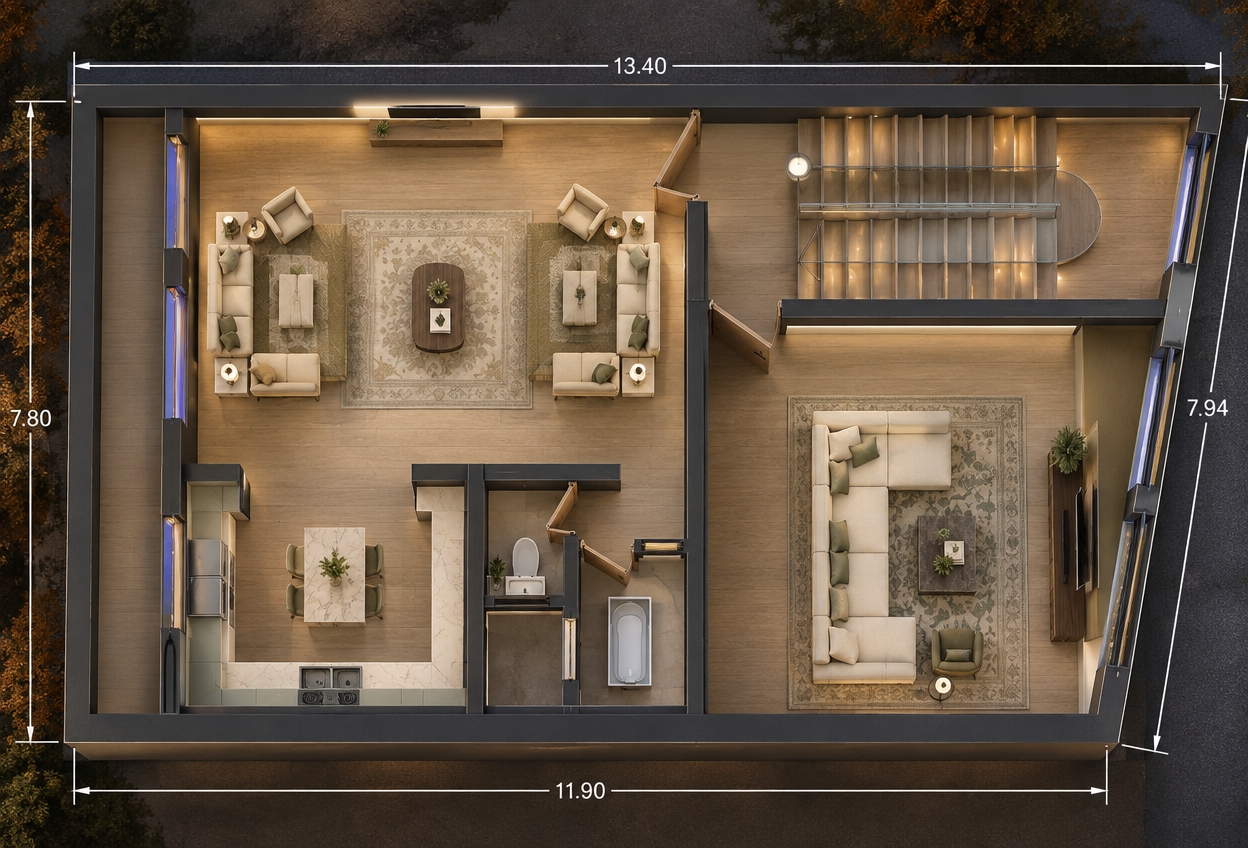 An incredibly lifelike, richly detailed, photorealistic top-down architectural cutaway shot of an elegantly furnished luxury residence set in a peaceful neighborhood on a crisp autumn night. The scene is illuminated by warm, recessed ambient ceiling strips, soft under-cabinet LED glows, and delicate accent lamps contrasting against the deep twilight seen through sleek, expansive black-framed panoramic windows, creating a cozy and opulent contemporary atmosphere. Captured with a high-resolution architectural tilt-shift lens, emphasizing the polished sheen of pale oak floors, ornate woven textile rugs, polished quartz countertops, and tailored linen upholstery. Complete with a welcoming mudroom at the entry, a streamlined chef’s kitchen, a floating staircase with glass balustrades, and a lavish guest salon centered around a plush sectional sofa, every room exudes effortless modern elegance and refined comfort.