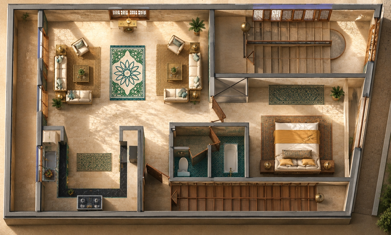An incredibly lifelike, richly detailed, photorealistic top-down architectural cutaway photograph of an exotic modern residence set in a sun-drenched Moroccan-inspired haven. The scene is illuminated by brilliant spring midday sunlight streaming through ornate, stylishly arched windows and delicate wooden mashrabiya screens, creating a warm, tranquil, and mystical atmosphere laced with intricate geometric shadows. Captured with a professional tilt-shift architectural lens, emphasizing the tactile textures of handcrafted Zellige tiles, polished tadelakt walls, rich cedar woodwork, and plush woven fabrics. 

In the open living area, low-profile cream sofas and embroidered accent chairs surround an elaborate emerald and turquoise mosaic floor medallion centered between dual brass coffee tables. The adjacent U-shaped kitchen gleams with dark soapstone countertops, brass hardware, and artisanal patterned backsplashes, seamlessly connecting to a dedicated, tiled entryway mudroom. Across the hall, the serene bedroom is outfitted with an intricately carved headboard, layered saffron and ivory linens, and filigree pendant lamps, completing a masterfully curated layout that balances opulent traditional craftsmanship with spacious modern flow.