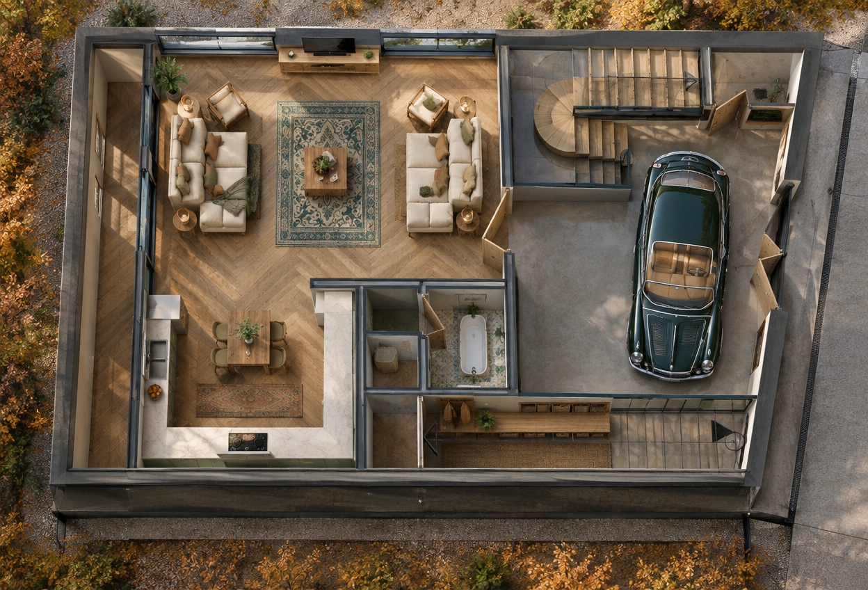 An incredibly lifelike, richly detailed, photorealistic cutaway aerial architectural photograph of a stylish bohemian oasis residence set in a serene autumn setting. The scene is illuminated by radiant midday sunlight pouring through floor-to-ceiling black-trimmed windows, creating a warm, airy, and inviting atmosphere filled with soft, natural golden shadows. Captured with a high-resolution medium format camera paired with a 24mm tilt-shift lens, emphasizing rich wood grains, tactile woven textiles, and polished surfaces, this top-down perspective reveals fully furnished, interconnected living spaces. The central lounge showcases plush ivory linen sofas, raw timber coffee tables, and an intricate teal-and-cream botanical Persian runner laid over warm herringbone oak floors. Adjacent, an open-concept kitchen boasts honed marble countertops, warm terracotta tile backsplashes, and integrated matte appliances, while a tranquil spa-like bathroom features a gleaming porcelain soaking tub set against artisanal zellige tiles. Beside the stylish entryway mudroom fitted with built-in walnut lockers and woven storage baskets, a sleek glass partition peeks into the polished concrete garage where an elegant vintage luxury car rests beneath modern architectural lighting.
