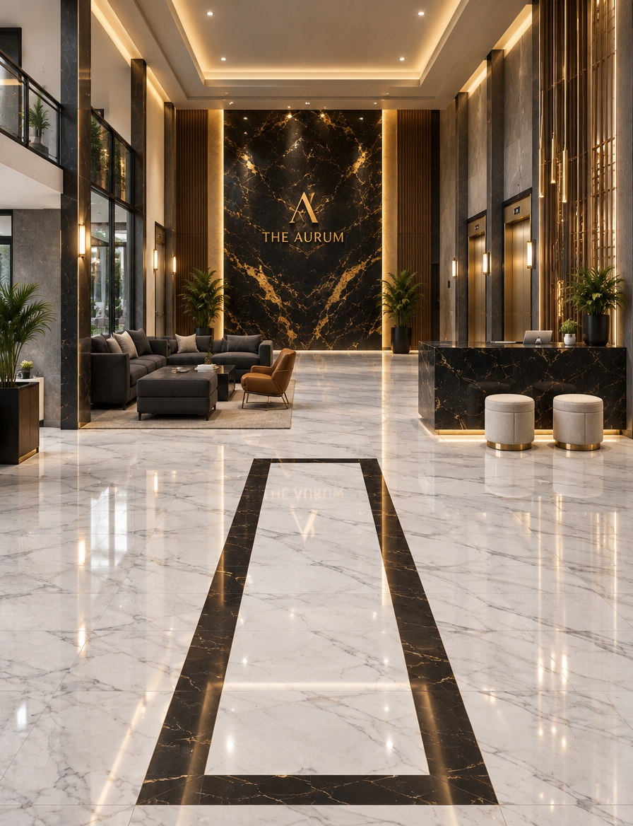 An incredibly lifelike, richly detailed, photorealistic wide-angle interior photograph of an opulent apartment lobby set in a modern-fusion luxury residence. The scene is illuminated by warm, concealed perimeter cove lighting and recessed ceiling fixtures across the towering 3.6-meter-high ceiling, creating an inviting, sophisticated, and serene atmosphere. Captured with a 24mm architectural tilt-shift lens, emphasizing the pristine reflections and natural veining across the mirror-polished white Calacatta marble floor accented with a tailored black stone inlaid runner. Viewed directly from the entrance threshold, the composition draws the eye toward a striking feature wall crafted from book-matched black and gold Portoro marble, elegantly emblazoned with an illuminated gold stainless steel project logo. To the left, a tailored lounge features deep charcoal upholstered sofas, a cognac leather armchair, and vibrant potted plants arranged over a plush wool area rug, while to the right, a monolithic black marble reception desk with minimalist brass-accented stools stands ready, all leading seamlessly toward brushed-metal elevator portals glowing under warm ambient sconces.