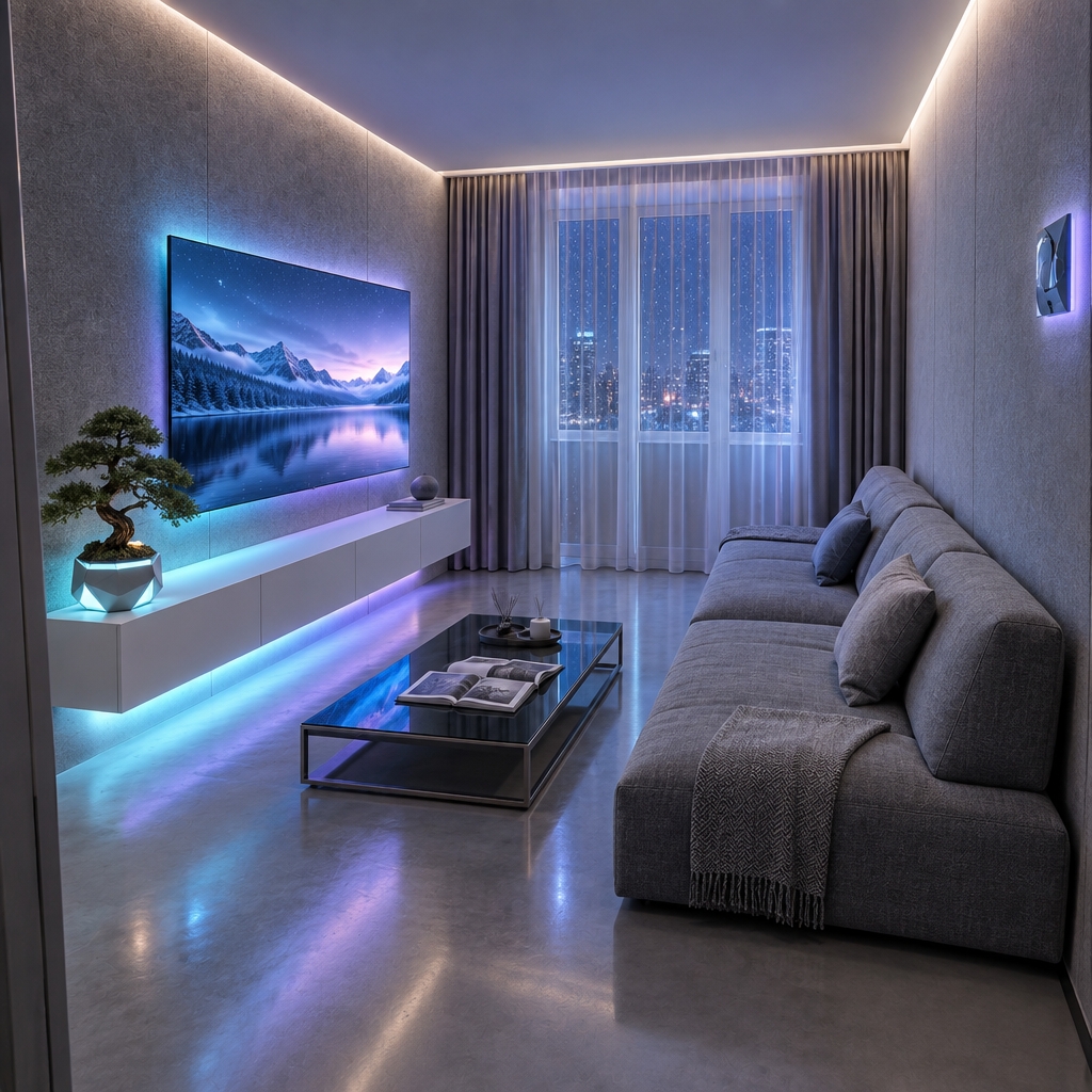 An incredibly lifelike, richly detailed, photorealistic wide-angle shot of a reimagined digital zen living room set in a sophisticated modern urban apartment during a quiet winter night. The scene is illuminated by recessed cove LED strip lighting, subtle neon cyan and cool lavender backlighting beneath floating structures, and the luminous, soft glow of a panoramic digital landscape wall art display, creating a tranquil, high-tech, and meditative atmosphere against the frosty winter chill outside the expansive window. Captured with a Hasselblad H6D-100c and a 24mm f/2.8 wide-angle lens, emphasizing tactile acoustic felt wall paneling, polished cool-gray microcement floors, brushed gunmetal trims, and crisp foliage reflections. The formerly sparse room is transformed into a streamlined sanctuary, featuring a low-profile, modular lounge sofa upholstered in slate-gray performance fabric that replaces the old futon, paired with a sleek tinted-glass and aluminum coffee table displaying an open monochrome photography art book. Across the uncluttered space, an ultra-thin frameless smart screen seamlessly doubles as interactive digital zen art above a floating matte-white media console with subtle neon under-glow, while a minimalist bonsai in an illuminated geometric planter adds an organic contrast to the futuristic aesthetic, perfectly balanced by sheer motorized floor-to-ceiling drapes revealing glimpses of softly falling snow under distant city lights.
