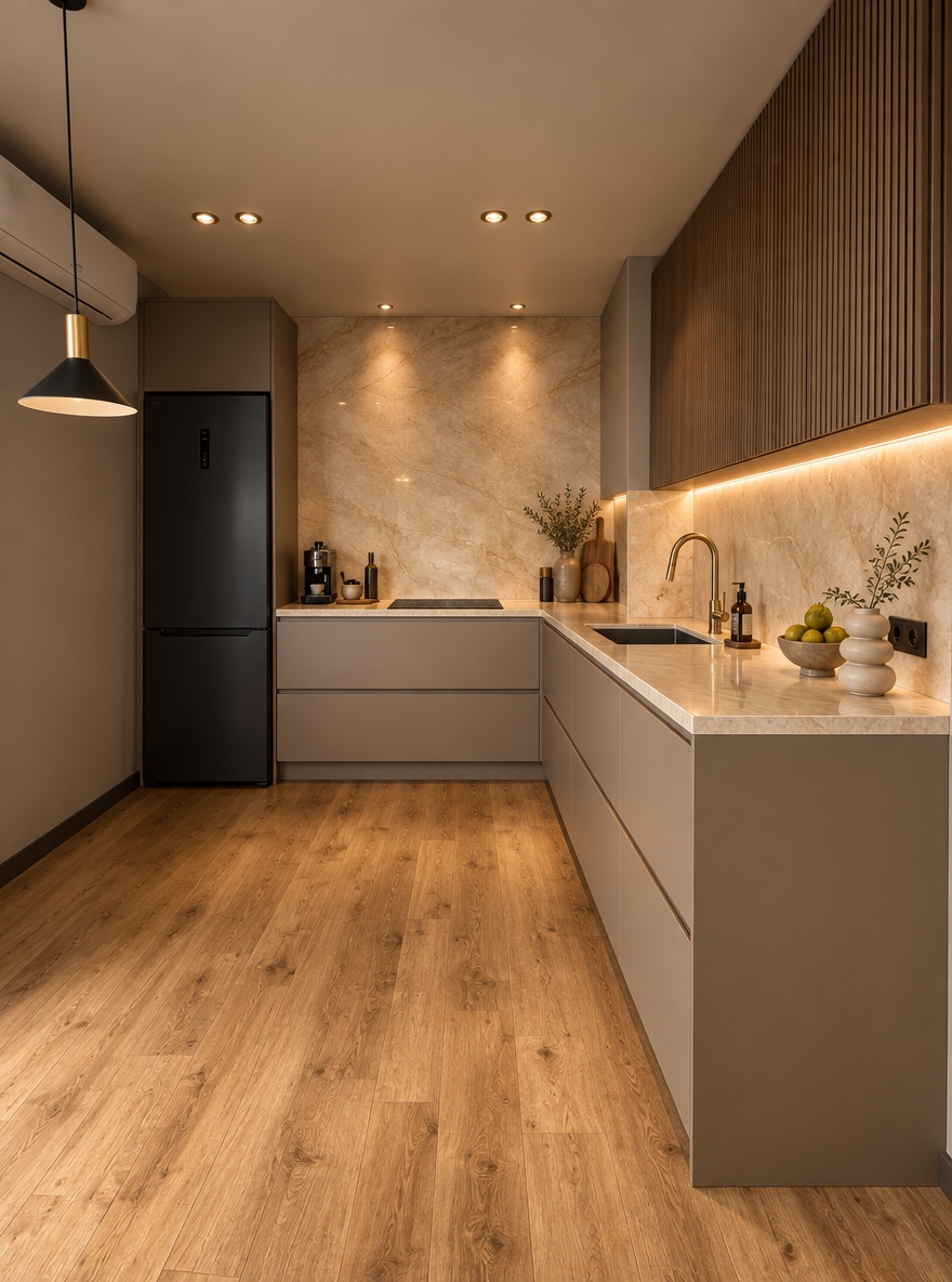 An incredibly lifelike, richly detailed, photorealistic wide-angle interior shot of a sophisticated modern fusion kitchen set in an upscale urban apartment. The scene is illuminated by warm, concealed under-cabinet linear LEDs and soft architectural ceiling spots, creating an inviting, serene, and luxurious atmosphere. Captured with a professional 24mm tilt-shift lens, emphasizing the tactile textures of honed stone, ribbed timber, and smooth matte laminates. In this dramatically refined layout, the back wall is completely opened up without any upper cabinets, showcasing an expansive, seamless backsplash of warm-veined micro-quartzite that stretches cleanly to the ceiling behind a flush induction hob, while the upper cabinetry is positioned exclusively along the right-hand wall in vertical-slatted smoked oak with discreet integrated lighting. The lower perimeter has been completely reimagined to feature only sleek, continuous horizontal pull-out drawers with soft-close mechanisms and concealed edge pulls, coated in an elegant matte taupe finish that replaces the former open shelving and brickwork. Anchoring the left side, a tailored floor-to-ceiling cabinet enclosure seamlessly integrates a premium matte-black refrigerator, perfectly complementing the wide-plank natural European oak flooring, an undermount composite quartz sink with a brushed brass gooseneck faucet, and artfully curated sculptural ceramics that collectively define a balanced, modern fusion aesthetic.