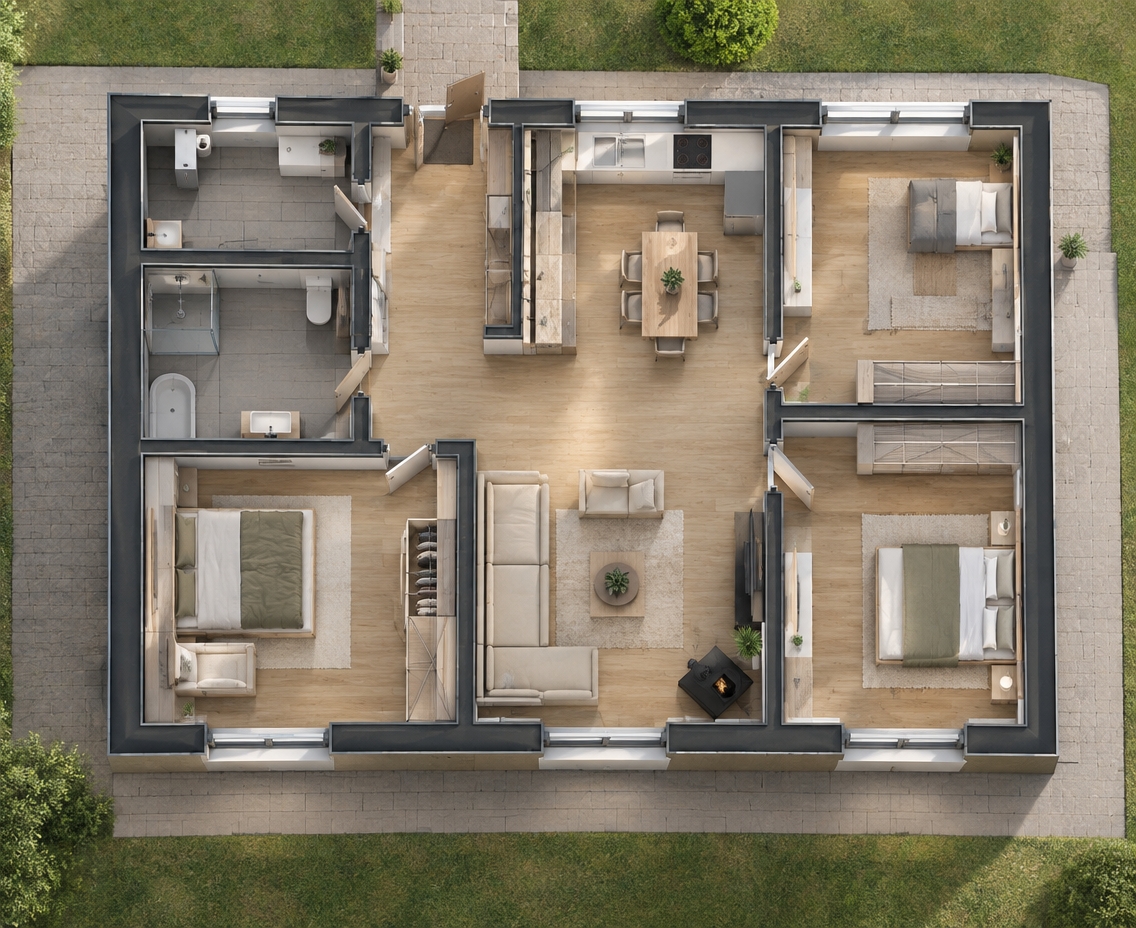 An incredibly lifelike, richly detailed, photorealistic top-down architectural cutaway photograph of a contemporary single-story family residence set in a bright, modern residential setting. The scene is illuminated by bright, soft daylight cascading through wide exterior windows complemented by warm, recessed ambient fixtures, creating a welcoming and harmonious atmosphere. Captured with a medium-format camera and a crisp tilt-shift lens from a direct perpendicular overhead angle, emphasizing smooth natural oak floorboards, polished ceramic tiles, plush woven bedding, and sleek matte kitchen surfaces. The layout spans 12 by 10.5 meters, opening from a central porch into an elegant entry foyer; directly across lies a spacious master suite flanked by private bathing and wardrobe quarters, while the left wing neatly houses a technical boiler room and guest bathroom. To the right, an expansive 32-square-meter open-plan living and dining space unfolds around a stylish black hearth and panoramic terrace doors, seamlessly connecting to two sunny, identically mirrored bedrooms along the home's eastern perimeter.