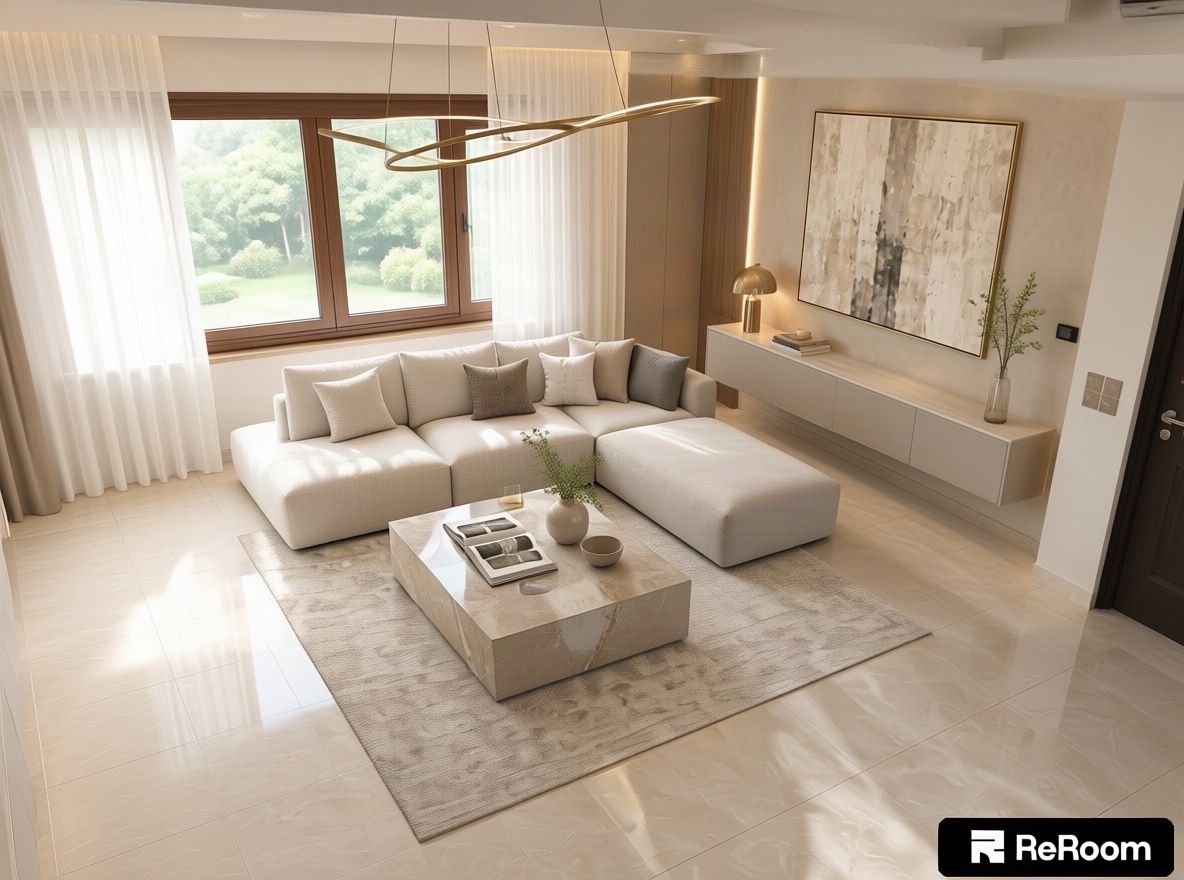 An incredibly lifelike, richly detailed, photorealistic wide-angle interior shot of a refined living room set in a luxurious modern home. The scene is illuminated by soft, diffused daylight pouring through sheer linen curtains alongside warm recessed cove lighting, creating a bright, airy, and effortlessly sophisticated atmosphere. Captured with a professional full-frame architectural camera and a 24mm tilt-shift lens, emphasizing the high-gloss polished stone floor tiles, tailored fabric weaves, and sleek slim metal accents.
Reimagined with contemporary elegance, the previously cluttered space transforms into a balanced sanctuary rendered in a serene palette of warm white, pearl, champagne, and soft gray. Anchoring the layout, a low-profile tailored sofa upholstered in a luminous pearlescent fabric is paired with a monolithic champagne marble coffee table displaying a large open photography book and understated ceramic vessels. The main accent wall is elevated with a large-scale, textured abstract canvas framed in brushed brass, perfectly balanced by a striking, minimalist sculptural lighting fixture suspended from the recessed ceiling. Slim metallic accents, floating minimalist credenzas, and carefully curated decor bring an understated, polished poise to every corner of this light-filled room.