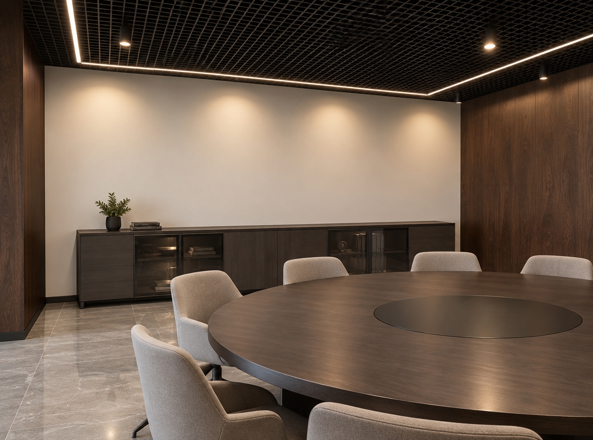 An incredibly lifelike, richly detailed, photorealistic wide-angle interior photograph of a reimagined modern fusion coworking lounge set in a sleek executive commercial setting. The scene is illuminated by architectural linear LEDs nested within the ceiling and soft warm directional spotlights, creating a focused, sophisticated, and collaborative atmosphere. Captured with a professional 24mm tilt-shift lens, emphasizing the matte surfaces, rich organic grains, and refined architectural joinery.

The unfinished ceiling is transformed into a sleek, matte black Grigliato open-cell system, elegantly integrating and subduing the exposed ductwork. Against the crisp off-white backdrop between the outlets rests a streamlined, three-meter-long storage credenza standing 90 cm high in a cool-toned dark timber finish, tastefully accented with smoked glass door inserts. Echoing warmth throughout the modern interior, the right feature wall and the left structural column are handsomely clad in seamless, flat dark-walnut bamboo paneling that showcases prominent, sweeping wood grain patterns rather than slats. Dominating the foreground and sweeping through the center is a substantial circular work table finished in identical cool dark wood, paired with ergonomic, minimalist upholstered conference chairs that rest harmoniously atop the polished grey porcelain tile floor.