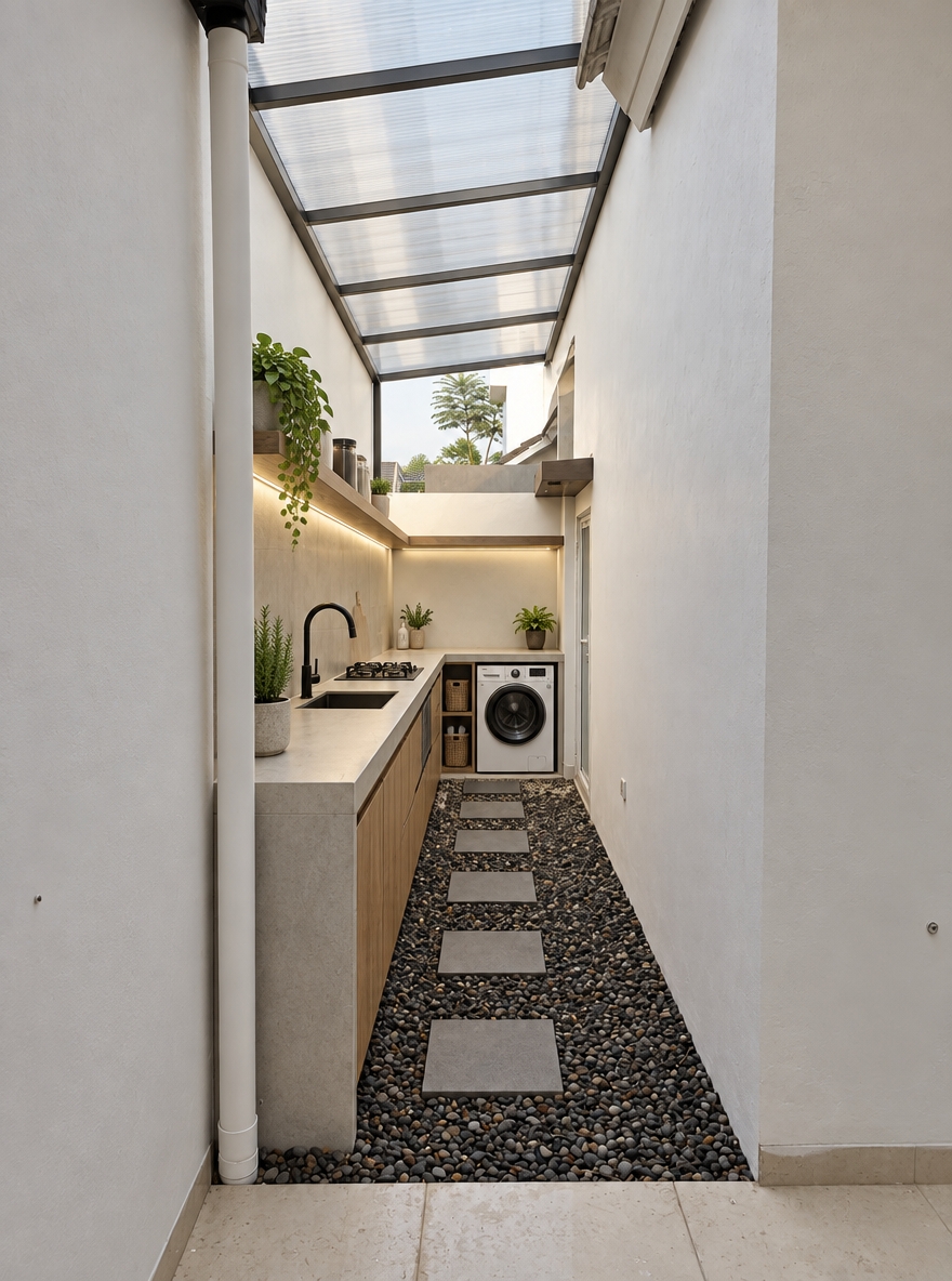 A realistic eye-level architectural photograph capturing the exact narrow corridor transformed into a minimalist outdoor kitchen and laundry space. Along the left white wall, a sleek built-in minimalist kitchen counter is installed, leading toward a compact laundry area at the far rear wall, beneath a translucent heat-resistant canopy ceiling filtering soft, diffused daylight. The perspective, walls, and narrow framing remain identical to the original composition, rendered with natural daylight, subtle matte surface textures, realistic gravel floor detailing, gentle ambient shadows, and faint photographic grain for an authentic, unrendered finish.