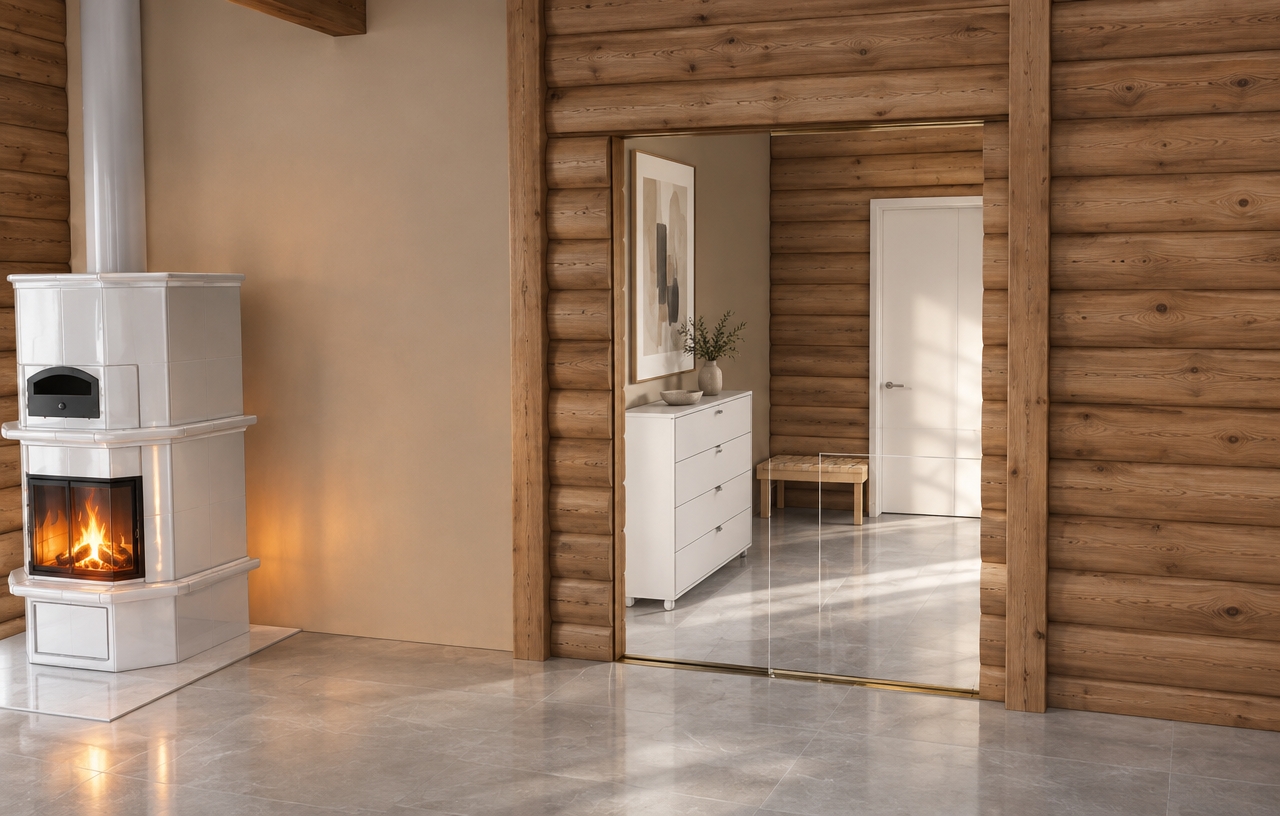 An incredibly lifelike, richly detailed, photorealistic interior shot of a contemporary mudroom transition, set in a refined, light-filled mountain residence. The scene is illuminated by the soft, golden glow of a traditional soapstone fireplace hearth and the cool, natural light filtering from the adjacent entry, creating a tranquil and sophisticated atmosphere. Captured with a 35mm lens, emphasizing the intricate grain of the hand-hewn cedar log walls contrasted against polished, light-gray stone flooring.
The composition centers on the seamless transition between the warmth of the living space and the minimalist serenity of the mudroom. To the left, a sculptural, white-tiled fireplace anchors the room, its flickering orange flames casting gentle, dancing highlights on the surrounding surfaces. In the background, the mudroom is designed with a palate of pearl and champagne tones, featuring a clean-lined, white matte storage unit and a bespoke wooden bench. A piece of minimalist abstract wall art hangs above the dresser, adding a layer of contemporary elegance. The transition is marked by subtle, slim-profile metal accents and a perfectly balanced aesthetic that merges rustic warmth with refined, modern living.