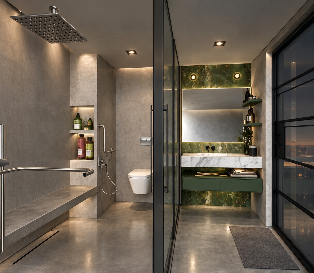An incredibly lifelike, richly detailed, photorealistic interior shot of a high-tech minimalist bathroom set in a luxury urban penthouse. The scene is illuminated by soft, recessed architectural lighting and subtle neon accents, creating a tranquil, cyberpunk-Zen atmosphere. Captured with a 35mm wide-angle lens, emphasizing the cool-toned micro-cement surfaces, the organic richness of the emerald marble vanity backdrop, and the crisp clarity of the floor-to-ceiling glass partitions.

The space is a masterclass in streamlined, clutter-free design, where a wall-mounted floating vanity in deep forest green pairs seamlessly with a crisp white marble countertop. To the left, an expansive, open-concept shower area features a spa-like bench, industrial-grade stainless steel safety rails, and a large rain-head fixture, all reflecting a sophisticated, futuristic aesthetic. The color palette of muted grays and clean whites is elevated by the vibrant, veined marble that acts as a focal point, while meticulously placed toiletries and a touch of organic greenery breathe life into the sterile, high-tech environment. The perspective is perfectly balanced, drawing the eye toward the interplay between the transparency of the glass and the solid, grounded textures of the stone, evoking a sense of refined, modern sanctuary.