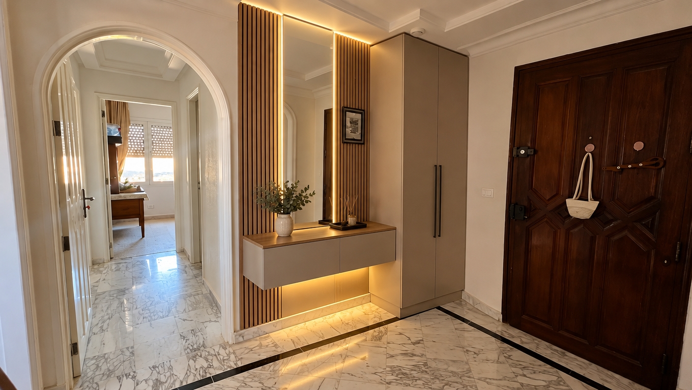 A wide-angle interior photograph of the hallway, maintaining the exact perspective, marble flooring, arched passageway, and dark wood entrance door. In the corner wall between the arch and the door, a modern built-in entryway unit is seamlessly fitted, featuring a tall minimalist matte-finished wardrobe closet, paired with refined vertical wall paneling and a sleek integrated full-height mirror. Below, a floating console table hovers above the floor, casting soft, warm indirect LED light downward across the polished marble tiles. Natural daylight streams through the distant window of the adjoining room, mingling with the cozy interior LED accents to create balanced dynamic range, soft shadows, sharp architectural lines, and authentic material textures with subtle photographic grain.