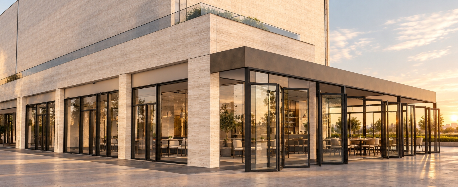 An incredibly lifelike, richly detailed, photorealistic wide-angle shot of a sophisticated commercial storefront set in a sun-drenched urban plaza. The scene is illuminated by the soft, golden glow of late afternoon, creating a serene and inviting atmosphere. Captured with a 24mm tilt-shift lens, emphasizing the fine, porous texture of the honed travertine facade and the sharp, clean lines of the black-anodized aluminum framing. The building features an expansive outdoor patio area, where floor-to-ceiling accordion glass doors are folded open to seamlessly bridge the indoor and outdoor spaces. The travertine panels catch the light with a warm, creamy luminescence, contrasting beautifully against the dark, minimalist trim. Minimalist landscaping with low-profile planters is suggested just beyond the frame, enhancing the sense of contemporary elegance. The depth of field is meticulously managed, keeping the sharp architectural geometries in focus while subtly softening the surrounding pavement to emphasize the structure’s prominent, high-end design.