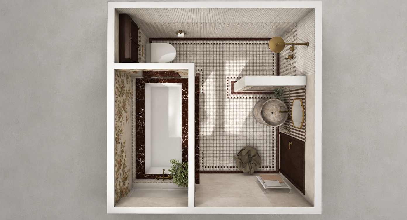 A crisp top-down architectural photograph of the bathroom layout, captured with sharp overhead clarity and neutral, diffused daylight casting realistic soft-edged shadows across the floor. The exact composition, geometry, and finishes are preserved, showcasing tactile realism in the patterned mosaic tile floor with subtle grout variations, polished deep red marble tub surround with fine white veining, and the carved texture of the stone pedestal basin. Aged brass fixtures exhibit natural specular highlights and micro-reflections, while the dark wood vanity and patterned accent wall display genuine surface depth. Clean, balanced illumination highlights authentic material physics, rendered with gentle lens vignetting, natural contrast, and faint film grain for a photorealistic architectural finish.