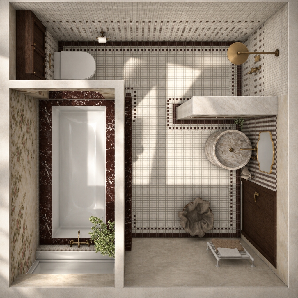 An architectural top-down photograph of the bathroom floor plan, bathed in soft, natural daylight entering from above and side angles with gentle, realistic shadow falloff. Retain the exact layout, geometry, and placement of all fixtures while rendering authentic physical materials: distinct tactile mosaic floor tiling with delicate grout lines, deep polished burgundy-veined marble around the bathtub, a textured matte stone washbasin, brushed brass hardware with subtle reflections, and rich dark wood cabinetry. The lighting emphasizes natural depth and micro-surface textures across the floral wallpaper and concrete flooring, complemented by realistic ambient occlusion, subtle lens vignetting, and clean photographic clarity.