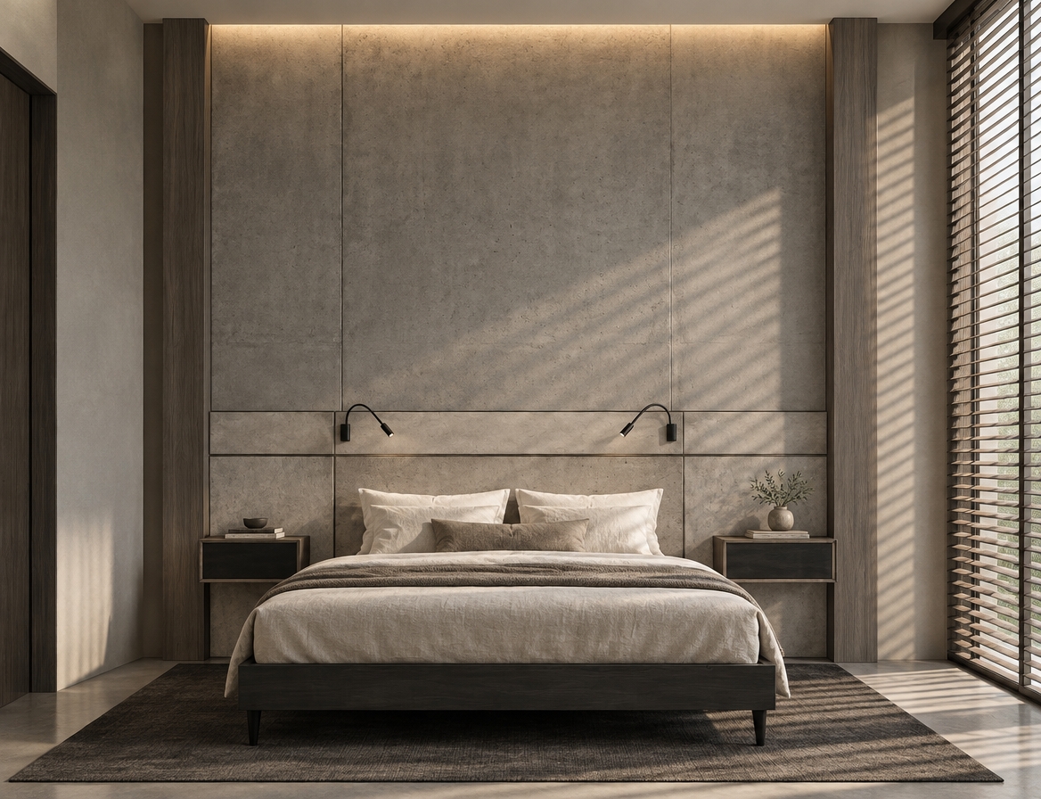 An architectural photograph of the exact bedroom composition, captured with a straight-on eye-level perspective. Soft natural daylight filters from the right through floor-to-ceiling blinds, casting gentle slatted shadows across the space, balanced by a warm, concealed LED strip softly glowing from behind the top edge of the wall panel. The bed is dressed with natural, softly creased linen bedding, a duvet, and plump pillows. Natural photographic textures emphasize the raw, porous concrete surfaces, matte dark wood finishes, and tactile fabrics, rendered with balanced exposure, crisp depth of field, and subtle film grain.