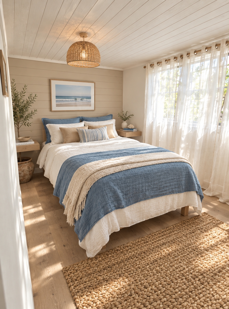 An incredibly lifelike, richly detailed, photorealistic wide-angle interior shot of a reimagined coastal bedroom retreat set in a sun-drenched seaside cottage. The scene is illuminated by gentle, sun-kissed morning light filtering through breezy, semi-sheer white linen curtains alongside the soft warm glow of a woven rattan pendant, creating an airy, fresh, and deeply inviting atmosphere. Captured with a professional full-frame camera and 24mm wide-angle lens, emphasizing the tactile textures of a pristine whitewashed plank ceiling, pale driftwood oak floors, and a chunky braided jute runner. The bed is transformed into a serene focal point with layered, uncluttered bedding in ocean-blue, crisp white, and sandy neutral tones, flanked by light-toned floating wooden nightstands displaying a curated coastal photography book. A tastefully framed, minimalist seascape wall art piece grounds the soft sandy-beige shiplap accent wall, while a lush potted olive tree in a weathered terracotta pot adds vibrant natural warmth, seamlessly blending casual beachy elegance with sophisticated comfort.