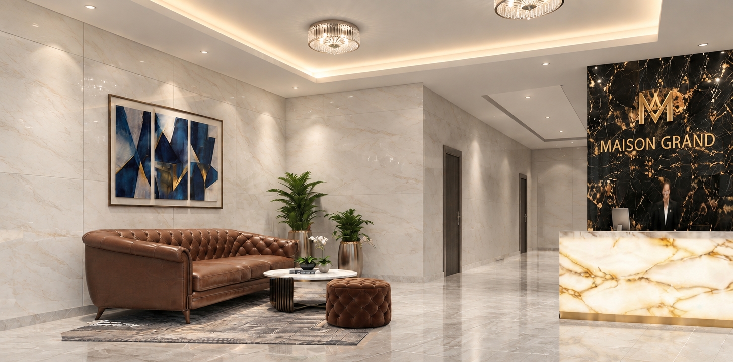 An incredibly lifelike, richly detailed, photorealistic interior shot of a luxury hotel lobby set in a minimalist haven. The scene is illuminated by soft, recessed warm lighting and elegant crystal flush-mount fixtures, creating a sophisticated and tranquil atmosphere. Captured with a 24mm wide-angle lens, emphasizing the clean, seamless surfaces and the opulent textures of the space.

The walls are now clad in pristine, white stone-effect tiles that provide a bright, airy backdrop, reflecting the subtle glow of the indirect cove lighting to enhance the feeling of expansive luxury. This refined palette allows the rich, cognac-colored tufted leather sofa and the dramatic black-and-gold marble reception desk to serve as striking focal points. The polished, light-gray marble flooring mirrors the architectural elements, pulling the eye toward the depth of the hallway beyond. Artful greenery in metallic planters adds a touch of organic life, while the minimalist composition exudes an aura of high-end serenity and meticulous design.