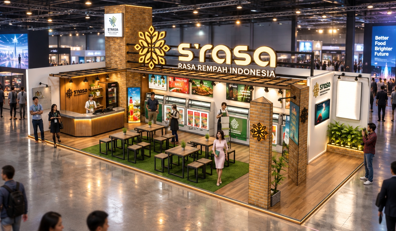 An incredibly lifelike, richly detailed, photorealistic isometric shot of a S’Rasa exhibition pavilion set in a bustling, high-tech expo hall. The scene is illuminated by warm, directional track lighting and soft neon accents, creating a vibrant, nostalgic-meets-futuristic atmosphere. Captured with a 35mm lens, emphasizing the tactile textures of weathered brick, sleek brushed metallic surfaces, and warm wood grains.

The design masterfully blends retro-futurism with traditional Indonesian charm, featuring a bold, geometric layout where mid-century inspired bistro tables and streamlined stools sit atop a lush green turf inlay. The structural pillars are clad in rustic, textured brick, contrasting beautifully with polished neon-outlined signage and high-gloss digital display panels that showcase vibrant food imagery. A wall adorned with vintage-inspired sci-fi poster art adds a layer of curated, intellectual charm, while clusters of indoor tropical plants provide organic softening to the metallic and geometric lines. The composition is perfectly balanced, with a sense of depth created by the interplay between the intimate guest seating area and the professional service counter, all framed by clean, white-washed partitions that give the space an expansive, airy feel in the heart of the modern trade environment.