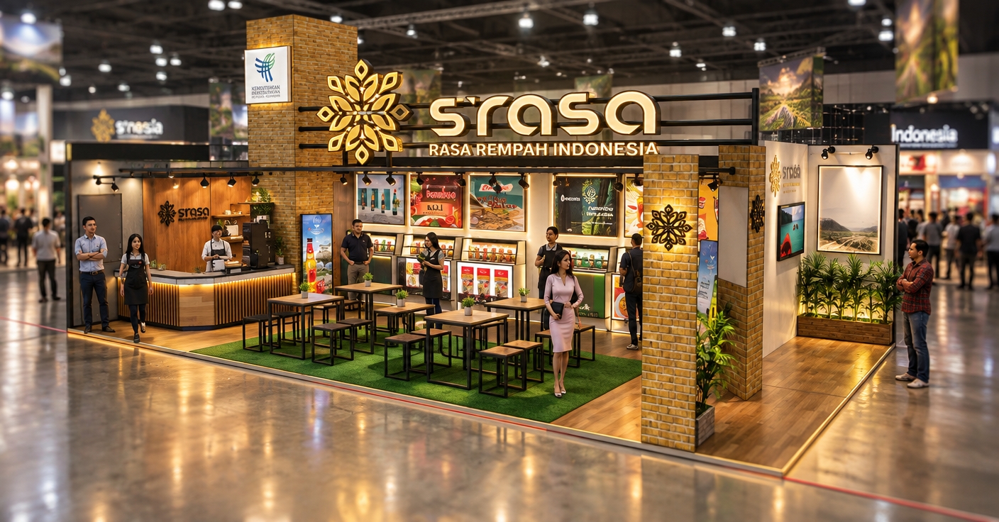 An incredibly lifelike, richly detailed, photorealistic wide-angle shot of a vibrant "S’Rasa" exhibition pavilion set in a bustling, high-end trade show floor. The scene is illuminated by warm, directional track lighting mixed with soft neon under-counter glows, creating a sophisticated yet nostalgic atmosphere. Captured with a 35mm tilt-shift lens, emphasizing the intricate textures of the honey-toned brick columns and the sleek, matte-black industrial metal framing.

The booth seamlessly blends retro-futurism with Indonesian heritage; mid-century modern café tables are paired with streamlined, geometric stools, all resting on a plush, vibrant green faux-grass carpet that contrasts beautifully against the warm oak-plank flooring. The walls are adorned with an innovative array of vintage sci-fi-inspired poster art and backlit product displays, framed by lush indoor greenery that adds a soft, organic touch to the bold, metallic accents. A central, backlit gold filigree emblem serves as the space-age focal point, casting intricate shadows across the clean lines of the service counter. The composition is balanced and inviting, with a depth of field that keeps the bustling energy of the exhibition hall softly blurred in the periphery, highlighting the sophisticated, stylized surfaces of this forward-thinking hospitality concept.