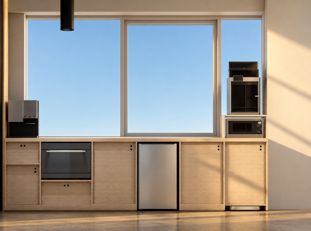 An incredibly lifelike, richly detailed, photorealistic interior shot of a minimalist kitchenette corner set in a bright, modern coworking space. The scene is illuminated by the soft, golden-hued light of a warm afternoon, casting subtle, elongated shadows that emphasize a calm, productive atmosphere. Captured with a 35mm lens, the image highlights the fine, horizontal grain of the light beige plywood cabinetry, which provides a natural, tactile contrast to the sleek, matte-black integrated appliances and the metallic sheen of the microwave. The expansive window frames a stark, clear blue sky, reinforcing the sense of an airy, elevated haven. The composition is perfectly balanced, with the clean lines of the custom joinery reflecting a sophisticated, clutter-free aesthetic where light, wood, and technology harmonize seamlessly.