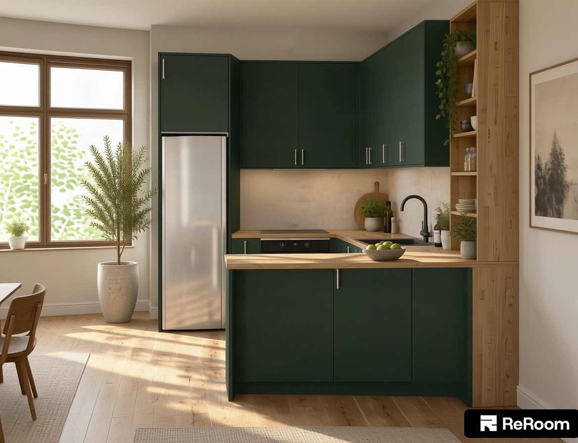 A crisp architectural photograph of the kitchen scene, illuminated by bright, direct midday summer sunlight casting realistic soft-edged shadows. The matte dark forest green cabinetry displays fine surface texture and subtle light diffusion, while the light wood countertops and tall shelving unit show distinct, natural wood grain with tactile realism. Stainless steel handles, the dark faucet, and the glass oven door catch accurate specular highlights and subtle reflections. Captured with a professional 35mm lens, the image features lifelike ambient occlusion in corners, clean contrast, subtle sensor grain, and natural white balancing against the neutral background wall.
