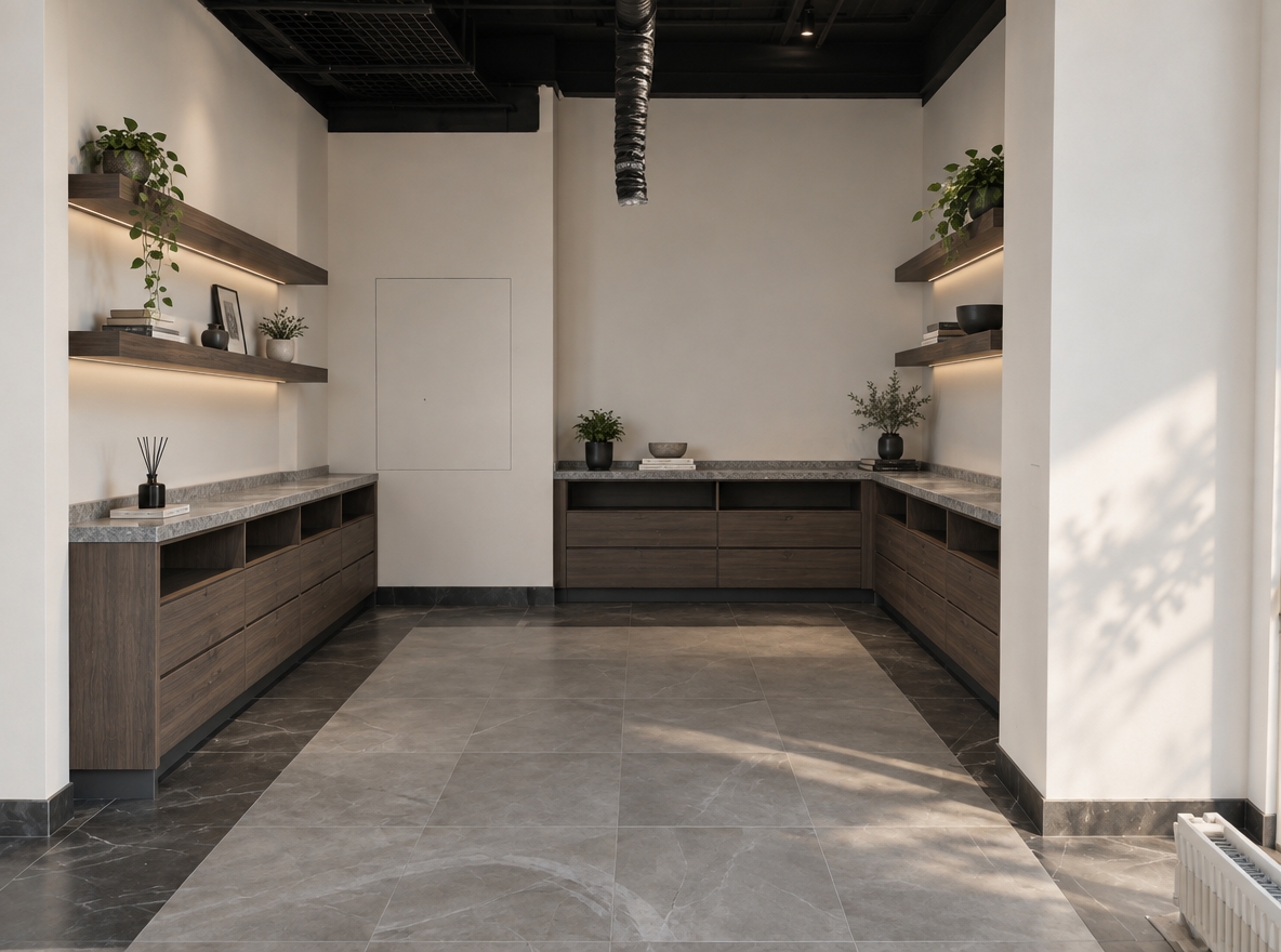 An eye-level architectural photograph captured with a 24mm tilt-shift lens under soft, directional natural daylight, perfectly maintaining the room geometry, black open industrial ceiling with exposed ductwork, and grey porcelain tiled floor. Fitted along the left, front, and center walls are counter-height low base cabinets topped with thick, honed grey granite, detailed with wide lower drawers and open upper niches. Minimalist dark wood floating shelves accent the left and right walls. Diffused ambient light highlights the tactile grain of the wood, subtle stone veining, and realistic surface micro-textures, complemented by gentle contact shadows, slight natural dust, and faint lens vignetting for an authentic photographic finish.