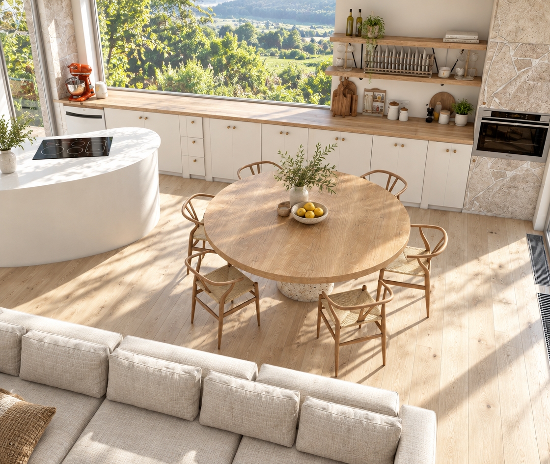 A photorealistic high-angle interior photograph illuminated by strong, warm midday summer sunlight streaming through the large panoramic window. The bright daylight casts natural, clean shadows across the pale plank flooring while revealing the vibrant green landscape outside. Authentic surface textures define the space, including realistic wood grain on the round dining table, woven cord chair seats, soft textured fabric on the foreground sectional sofa, and tactile rough stone cladding around the built-in oven. The matte white cabinetry and curved kitchen island catch soft ambient bounce light, captured with sharp architectural clarity, true-to-life exposure, and subtle photographic grain.