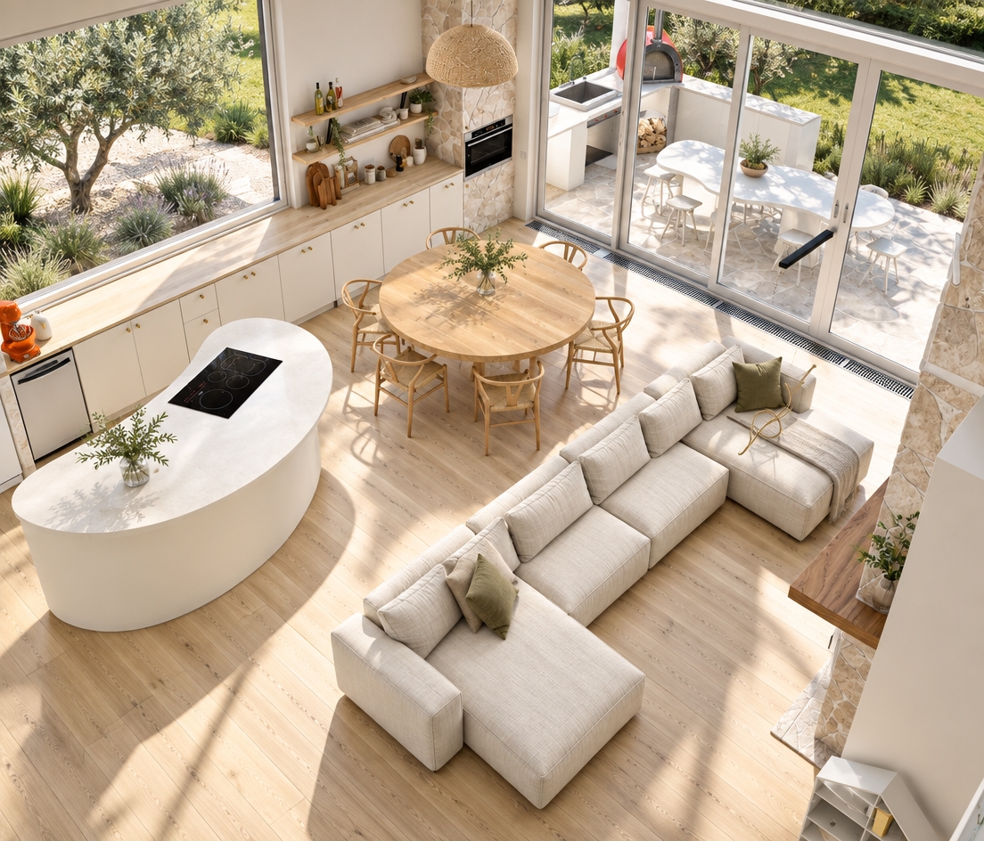 An authentic architectural photograph from a high-angle perspective, capturing this exact open-concept interior illuminated by direct summer midday sunlight. Bright, neutral 5500K daylight floods through the expansive glass sliding doors and windows, casting sharp, natural shadows across the light wood flooring. The curved matte white island displays a realistic textured finish with subtle gloss on the induction cooktop, while the round dining table features organic light oak grain. The large sectional sofa exhibits a tactile woven fabric texture with soft natural creases. Outside, the patio glows brightly under the clear summer sky. Shot with a sharp wide-angle architectural lens, balanced exposure, deep depth of field, and true-to-life surface reflections.