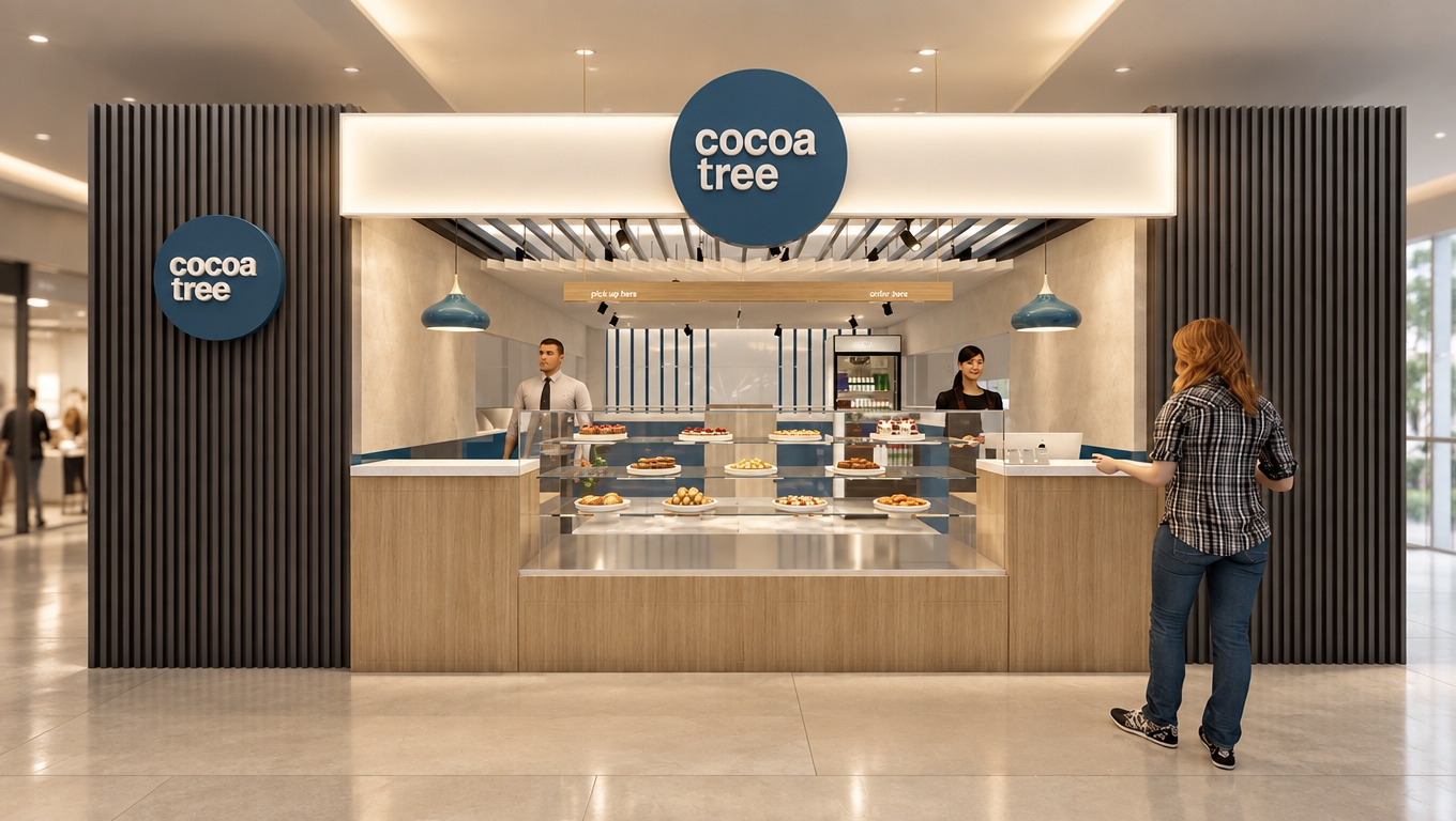 An incredibly lifelike, richly detailed, photorealistic interior shot of a "Cocoa Tree" kiosk set in a bustling, high-end minimalist mall corridor. The scene is illuminated by soft, ambient recessed lighting and a warm, diffused glow from the overhead signage, creating a serene, inviting atmosphere. Captured with a 35mm lens, emphasizing the crisp contrast between the vertical dark-gray fluted paneling and the light, natural oak grain of the service counter.

This minimalist haven exudes a Zen-inspired elegance, featuring a clean, uncluttered layout where every surface serves a functional, streamlined purpose. The composition is balanced and symmetrical, drawing the eye toward the glass-enclosed display filled with delicate pastries. The color palette is a sophisticated study in monochromatic harmony, blending shades of soft white, charcoal gray, and hints of muted blue in the signage and pendant lighting. A customer stands in the foreground, providing a sense of scale to this quiet, elegant retail oasis, where the absence of excess creates an immediate feeling of calm and refined modern design.