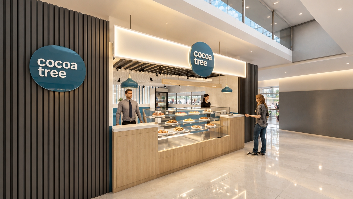 An incredibly lifelike, richly detailed, photorealistic eye-level perspective of a high-end "Cocoa Tree" café set in a bustling, modern shopping atrium. The scene is illuminated by a combination of soft, diffused overhead natural light and warm, recessed LED cove lighting, creating a serene, minimalist haven atmosphere. Captured with a 35mm lens, emphasizing the crisp contrast between the matte charcoal-grey vertical slat wall and the smooth, light oak finish of the service counter.

The design embodies a zen-inspired aesthetic, favoring uncluttered, functional surfaces and a streamlined color palette of white, gray, and subtle teal accents. A sleek glass display case, gleaming under the integrated lighting, houses an assortment of pastries, while the "Cocoa Tree" circular signage provides a bold, professional touch. The polished, large-format tile flooring reflects the clean lines of the space, enhancing the sense of airy, modern elegance. With minimal decor and refined materials, the shop feels perfectly curated—a sanctuary of order and calm amidst the surrounding commercial environment, where every element, from the pendant lighting to the functional transaction zones, serves both aesthetic and practical purpose.